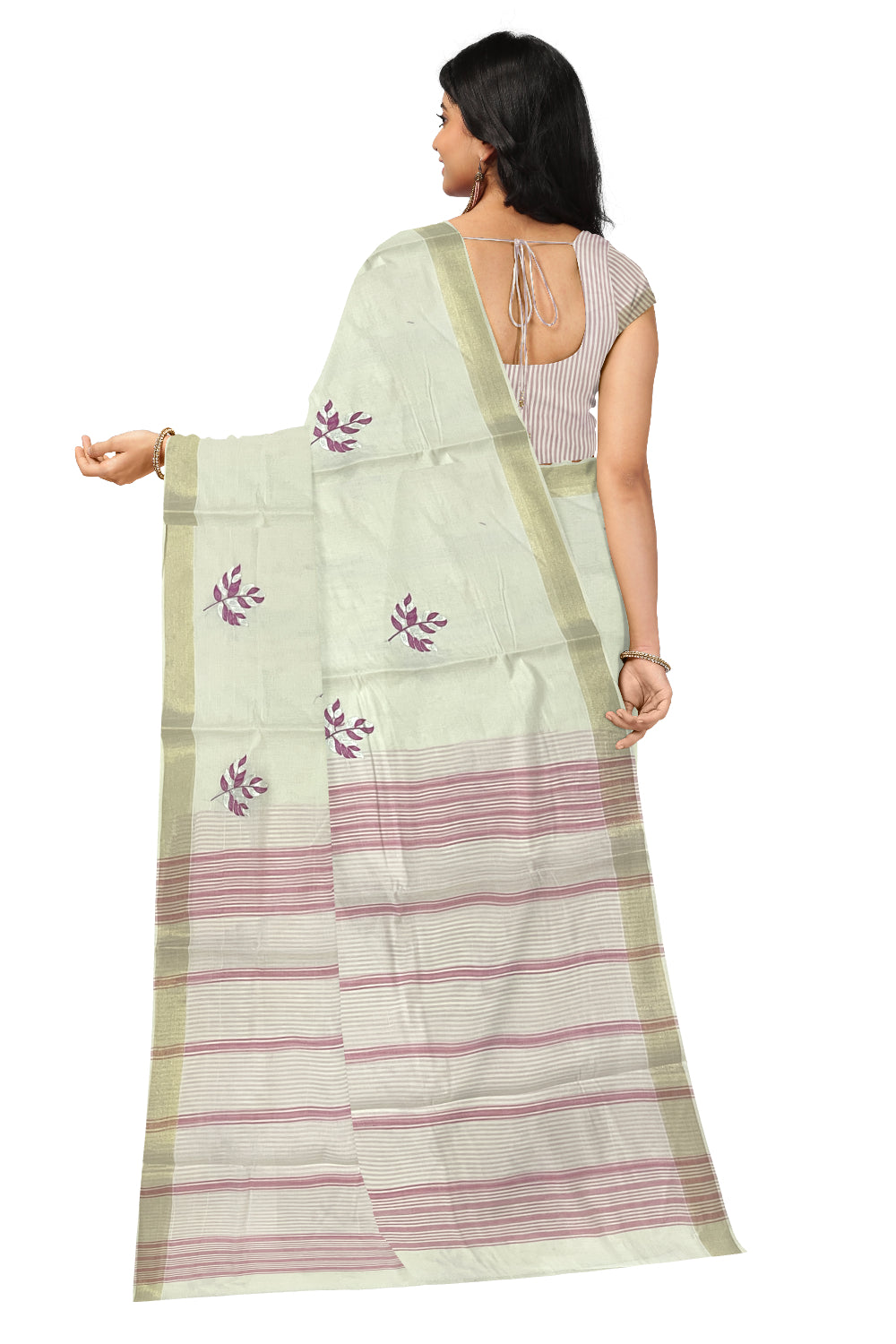 Pure Cotton Kerala Saree with Magenta Leaf Embroidery Work and Kasavu Border