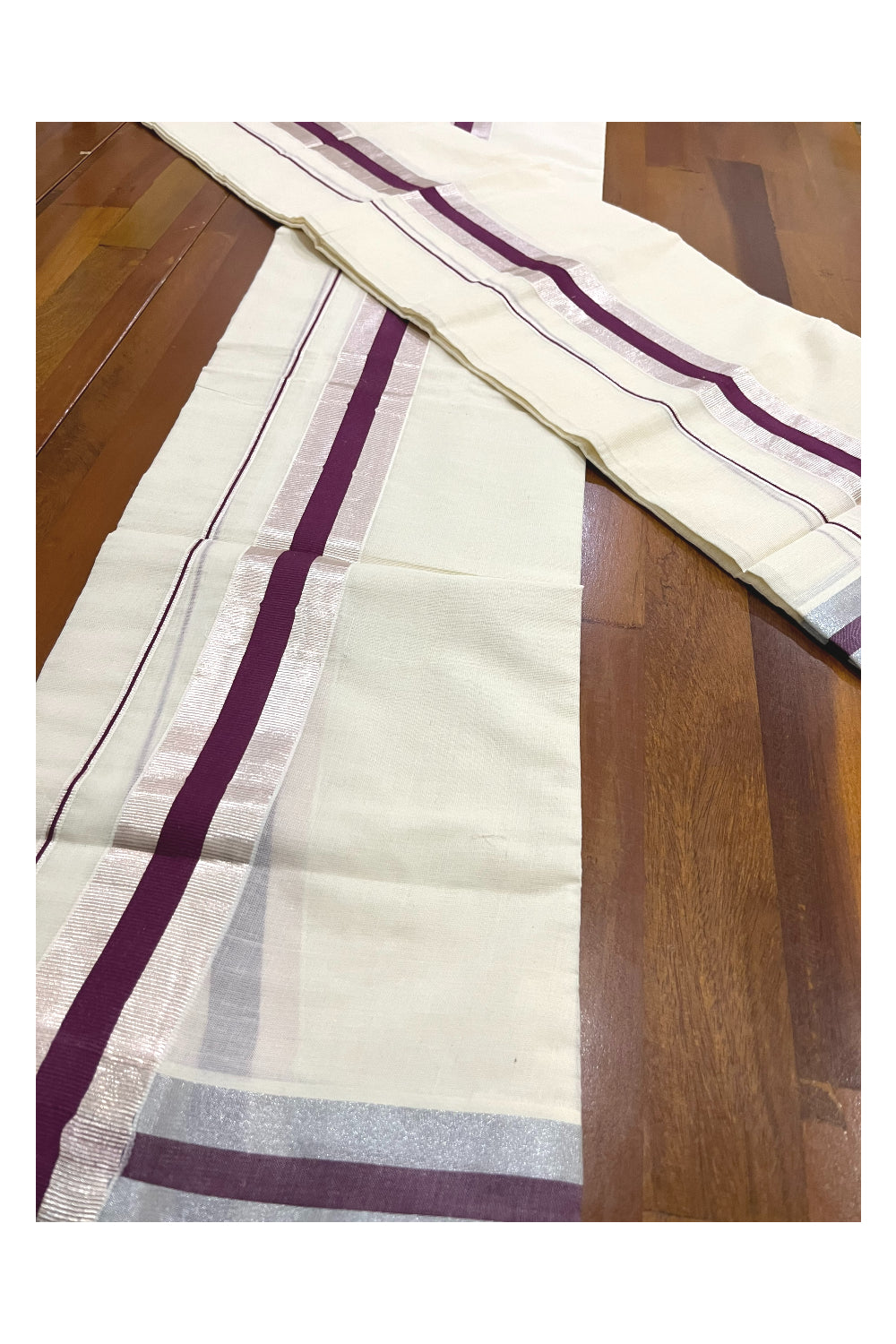 Kerala Cotton Mundum Neriyathum Single (Set Mundu) with Purple and Kasavu Border 2.80 Mtrs