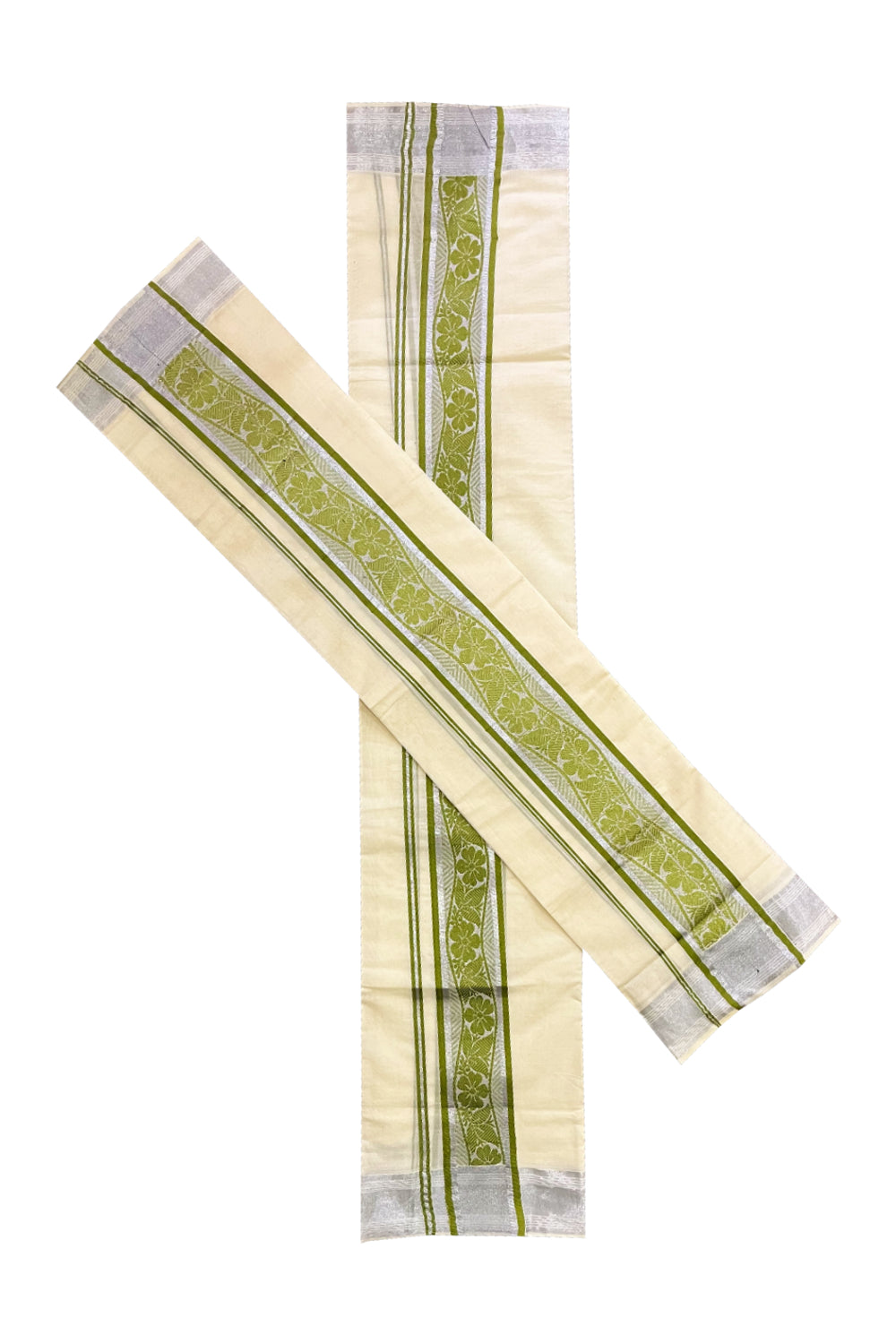 Kerala Cotton Mundum Neriyathum Single (Set Mundu) with Olive Green Floral Woven Designs and Silver Kasavu Border 2.80 Mtrs