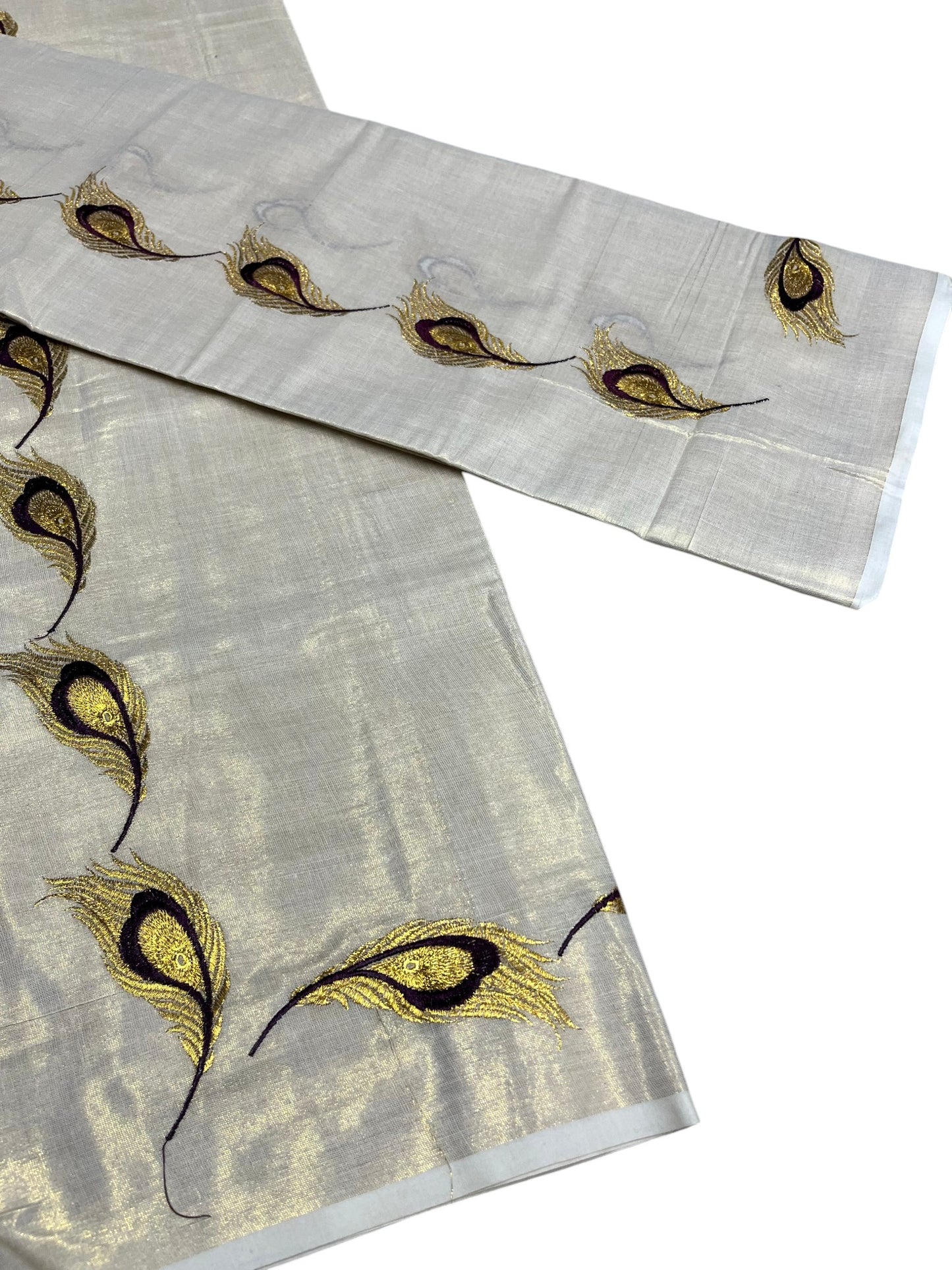 Southloom Kerala Tissue Kasavu Single Set Mundu (Mundum Neriyathum) Purple and Golden Feather Embroidery Work