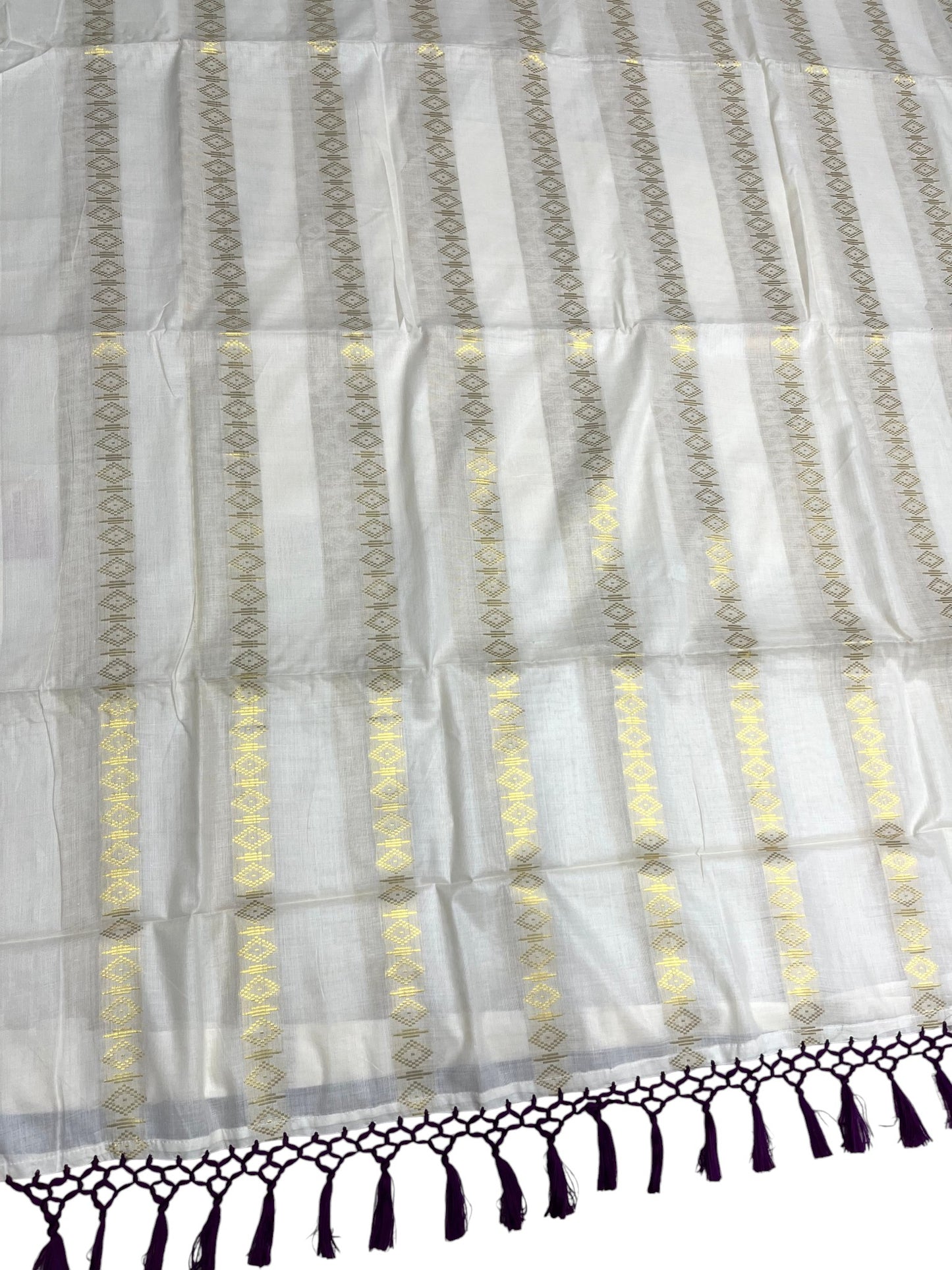 Southloom Kerala Cotton Kasavu Saree with Stripes on Body and Purple Tussels