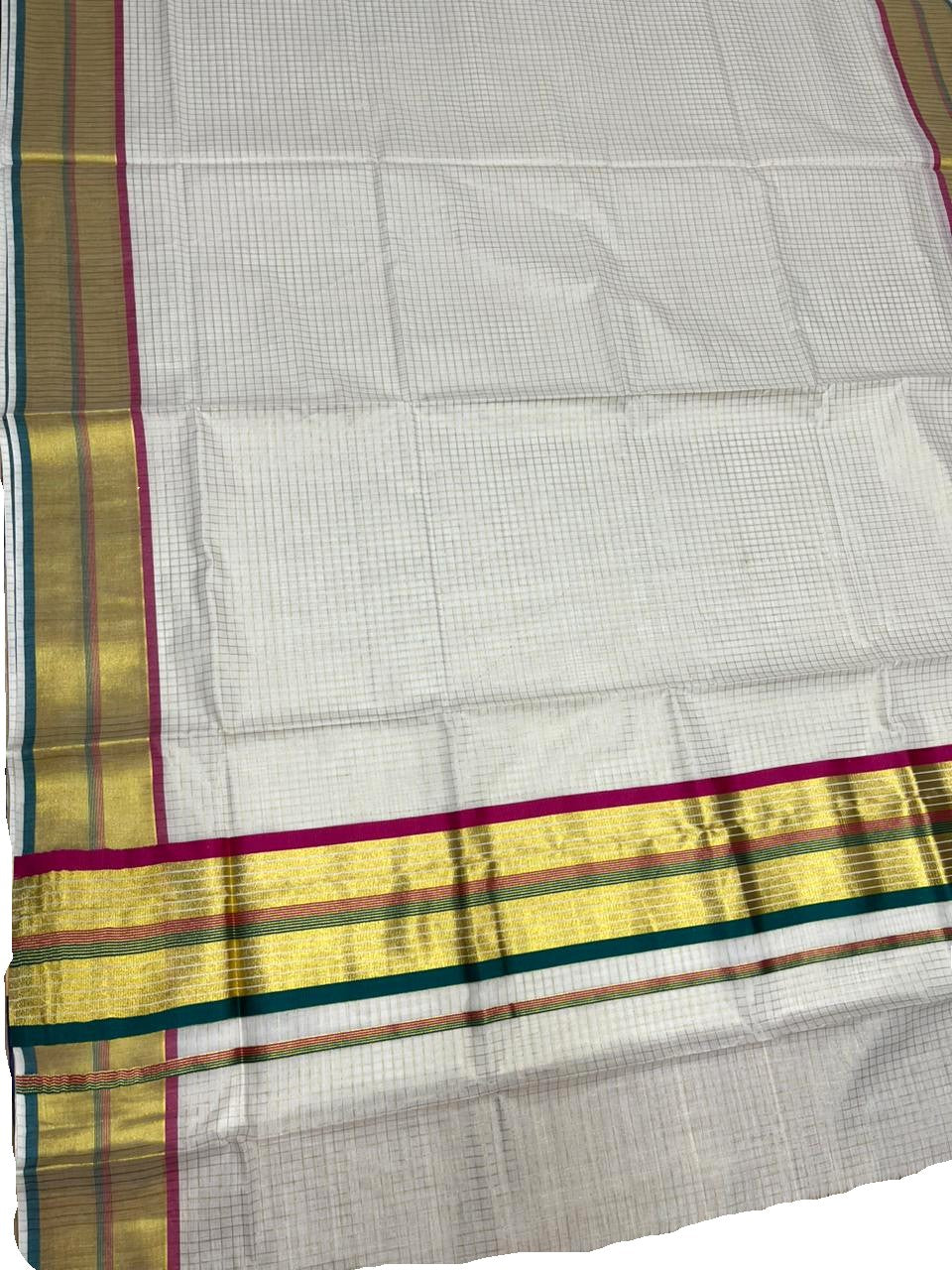 Southloom Kerala Cotton Kasavu Saree with Micro Check Design on Body in Magenta  & Peacock Green Border SL453