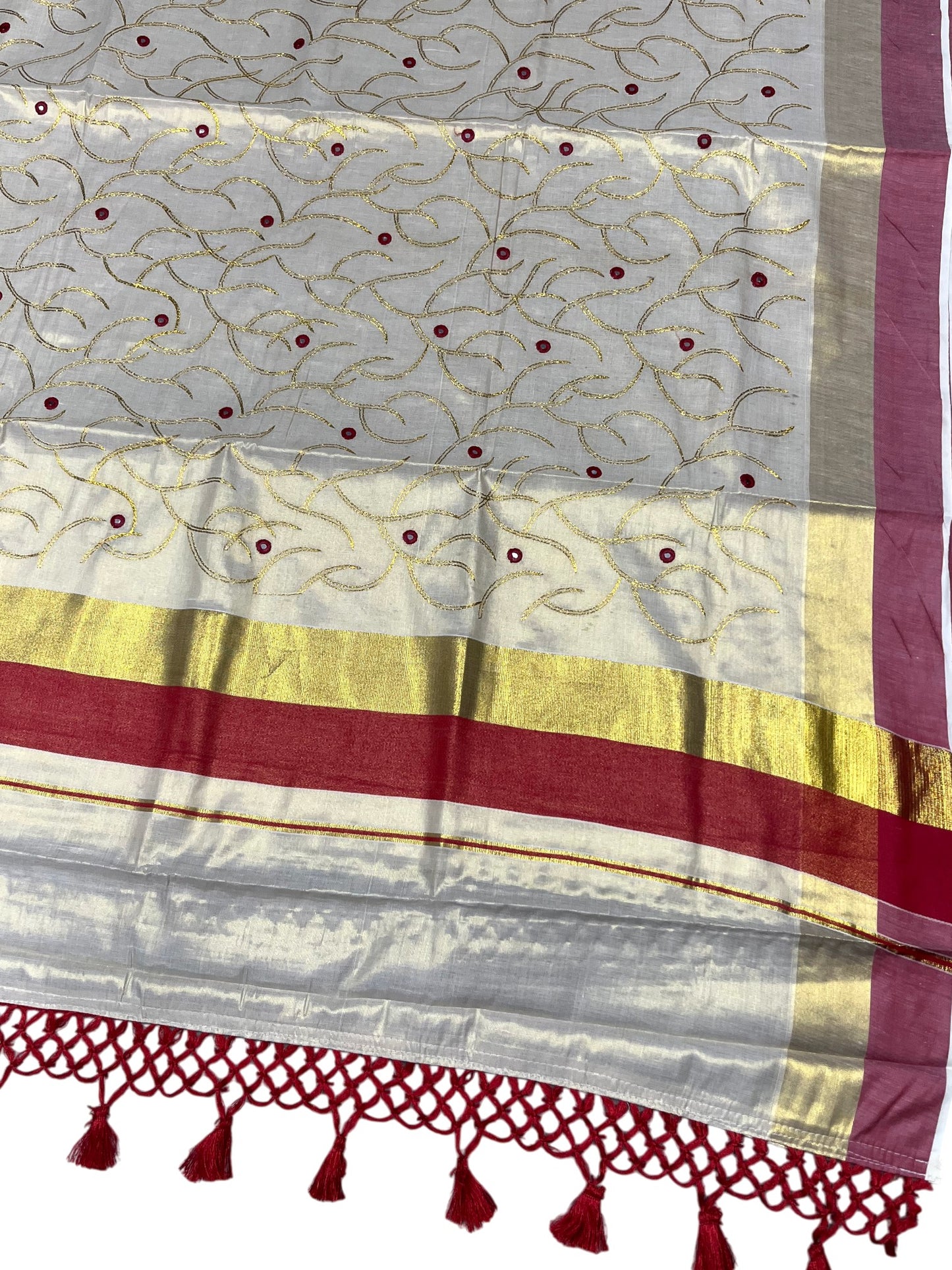 Kerala Tissue Kasavu Stripes Saree with Gold and Red Floral Embroidery Design on Body SL269