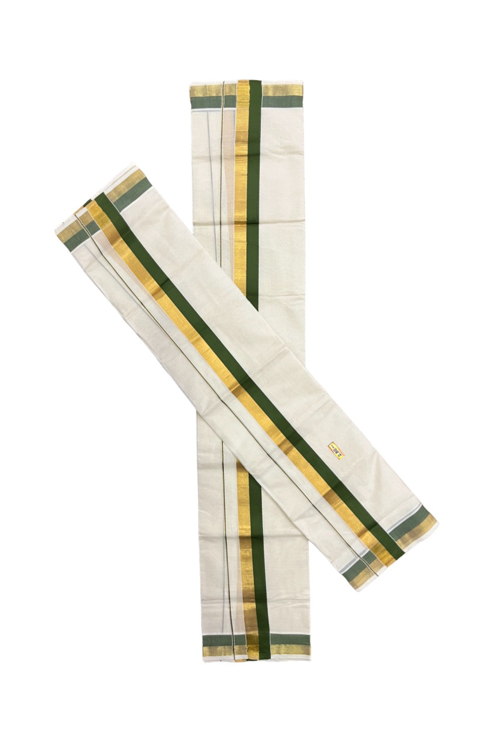 Kerala Cotton Set Mundu (Mundum Neriyathum) with Olive Green and Kasavu Border 2.80 Mtrs