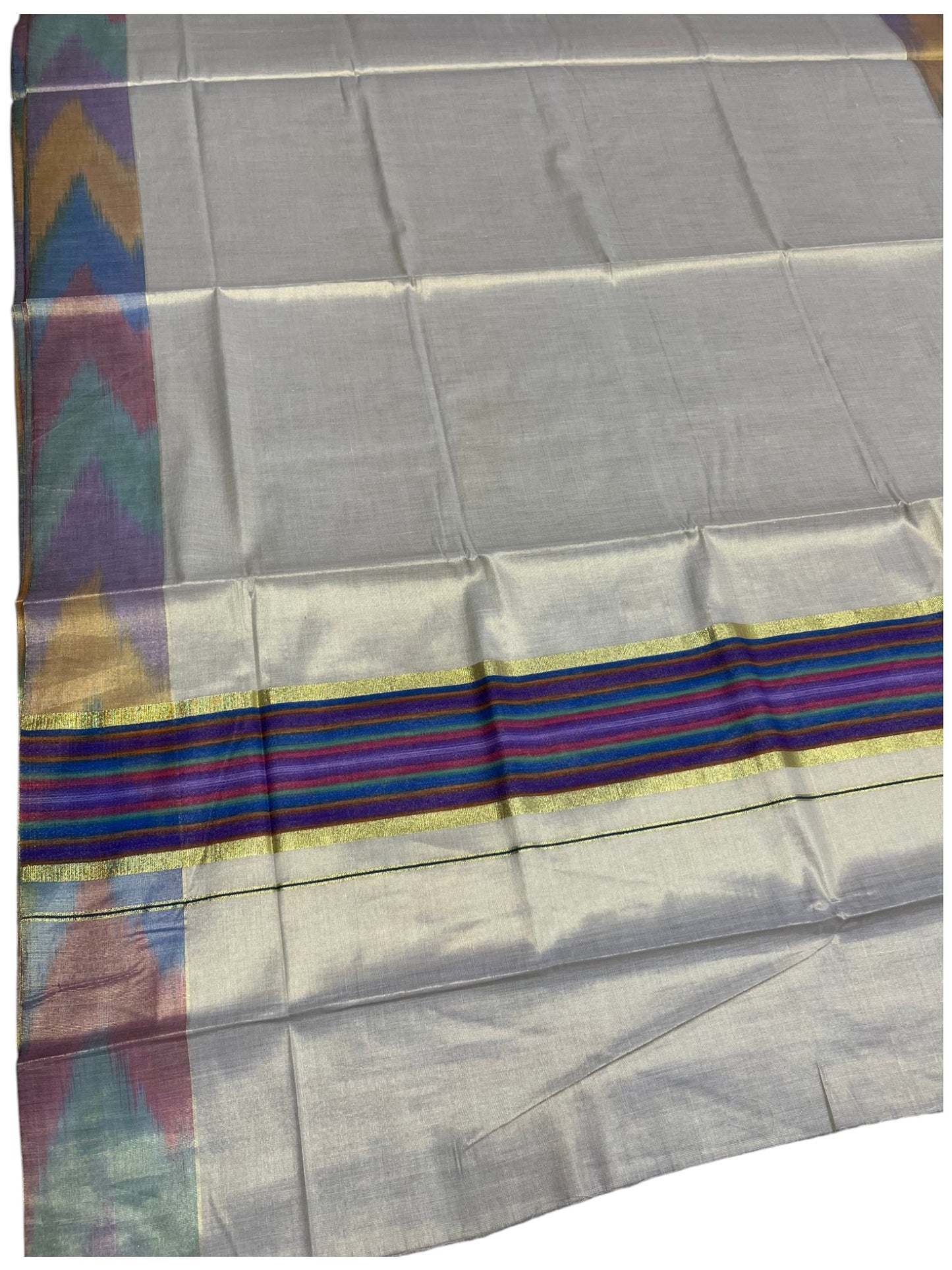 Southloom Kerala Tissue Kasavu Saree with Multi Colour Pochampally Design on Borders and Kara