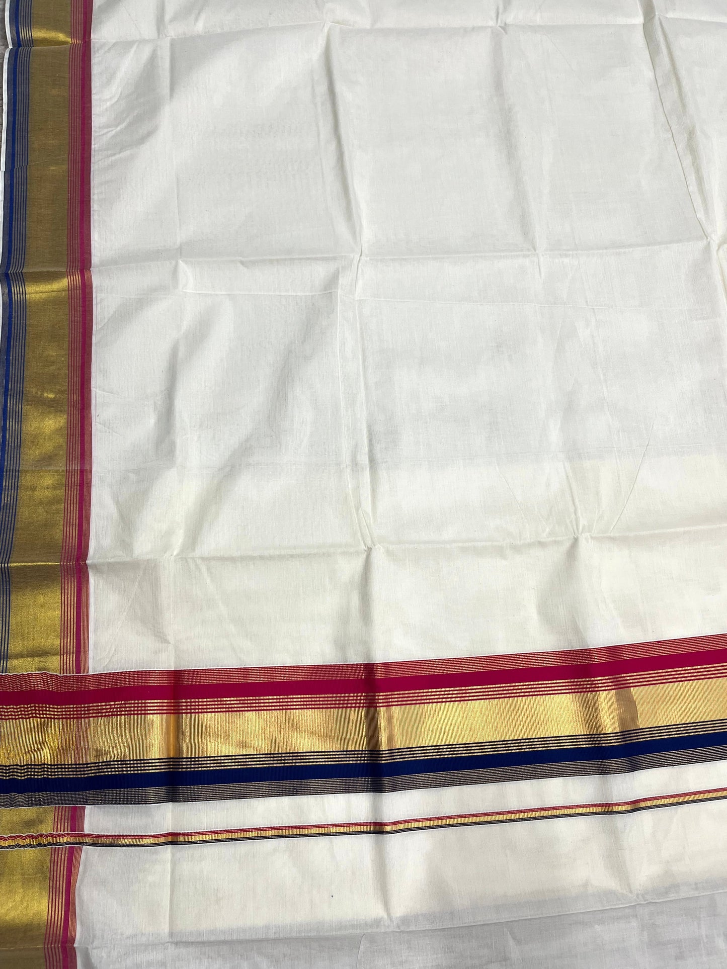 Southloom Kerala Cotton Kasavu Saree with Blue And Pink Border
