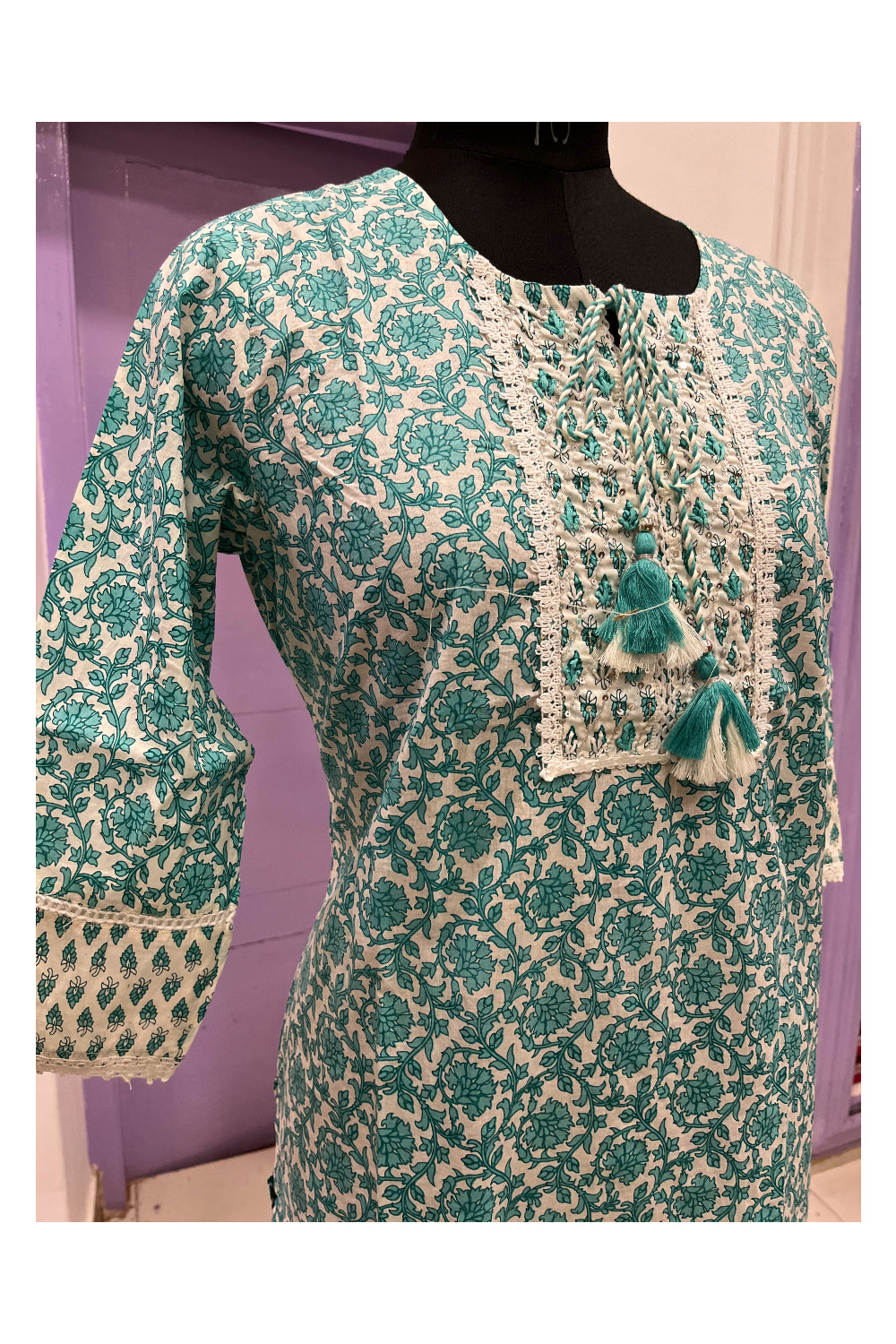 Southloom Stitched Cotton Salwar Set in Turquoise Floral Prints