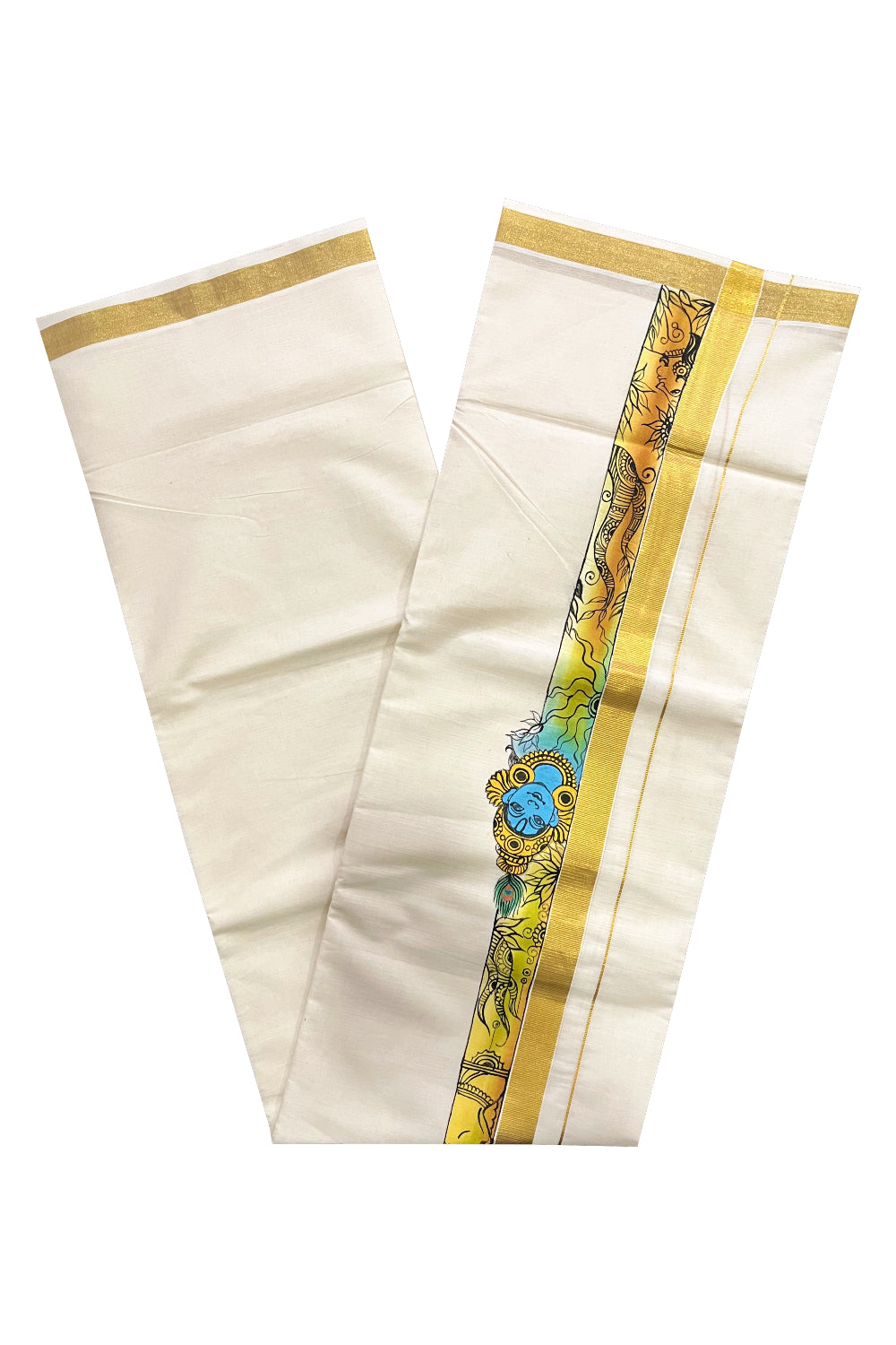 Pure Cotton Kerala Double Mundu with Krishna Hand Painted Designs on Kasavu Border (Vishu Collection 2024)