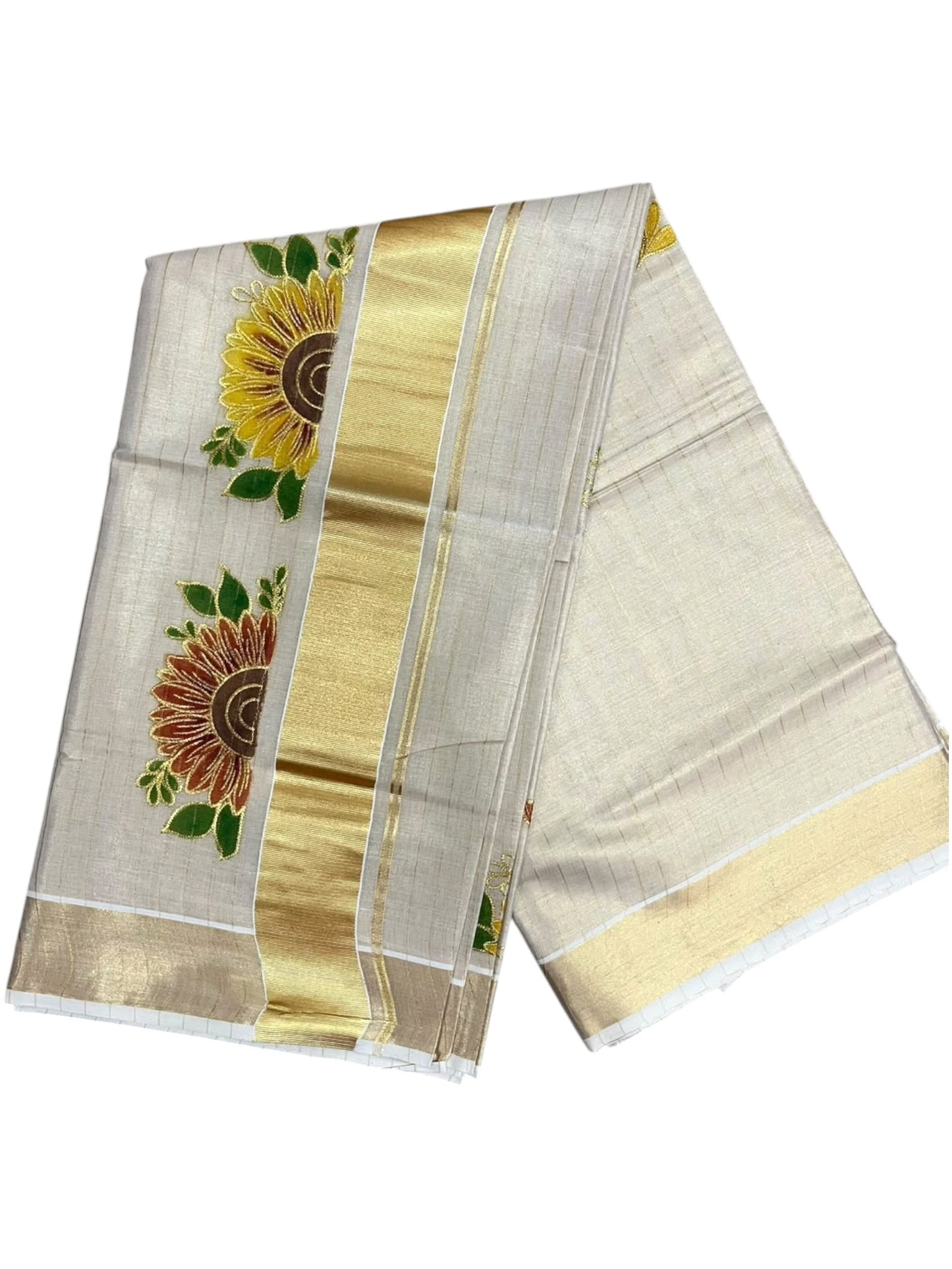 Southloom Kerala Tissue Kasavu Lines Saree with Embroidery Work in Yellow Floral Print