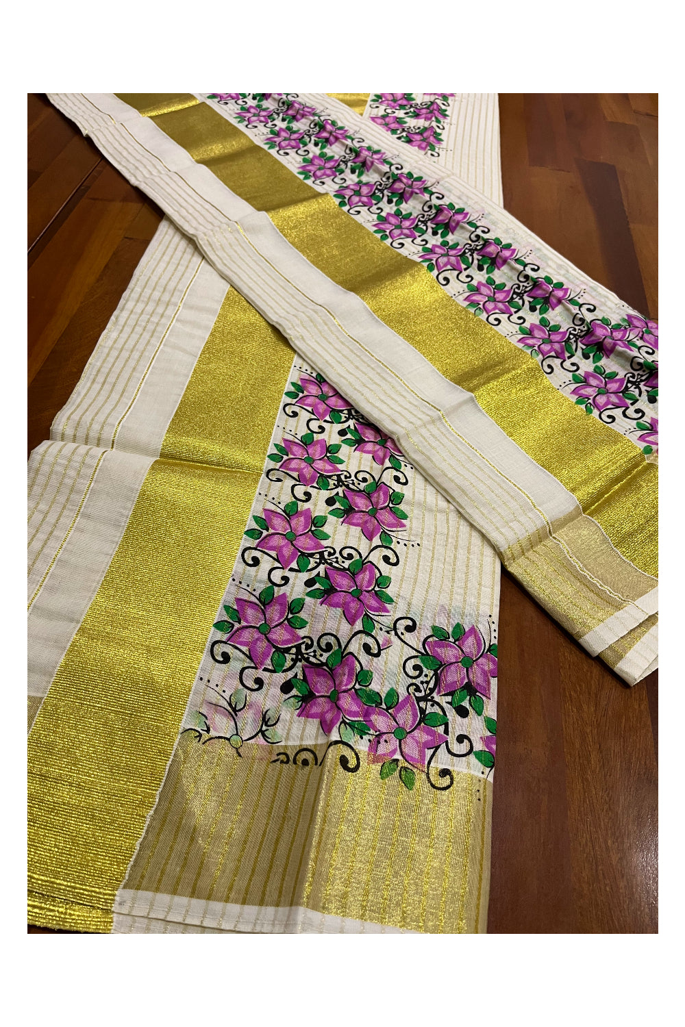 Kerala Cotton Set Mundu (Mundum Neriyathum) with Kasavu Lines Design on Body and Pink Block Printed Border 2.80 Mtrs (Onam Set Mundu 2023)