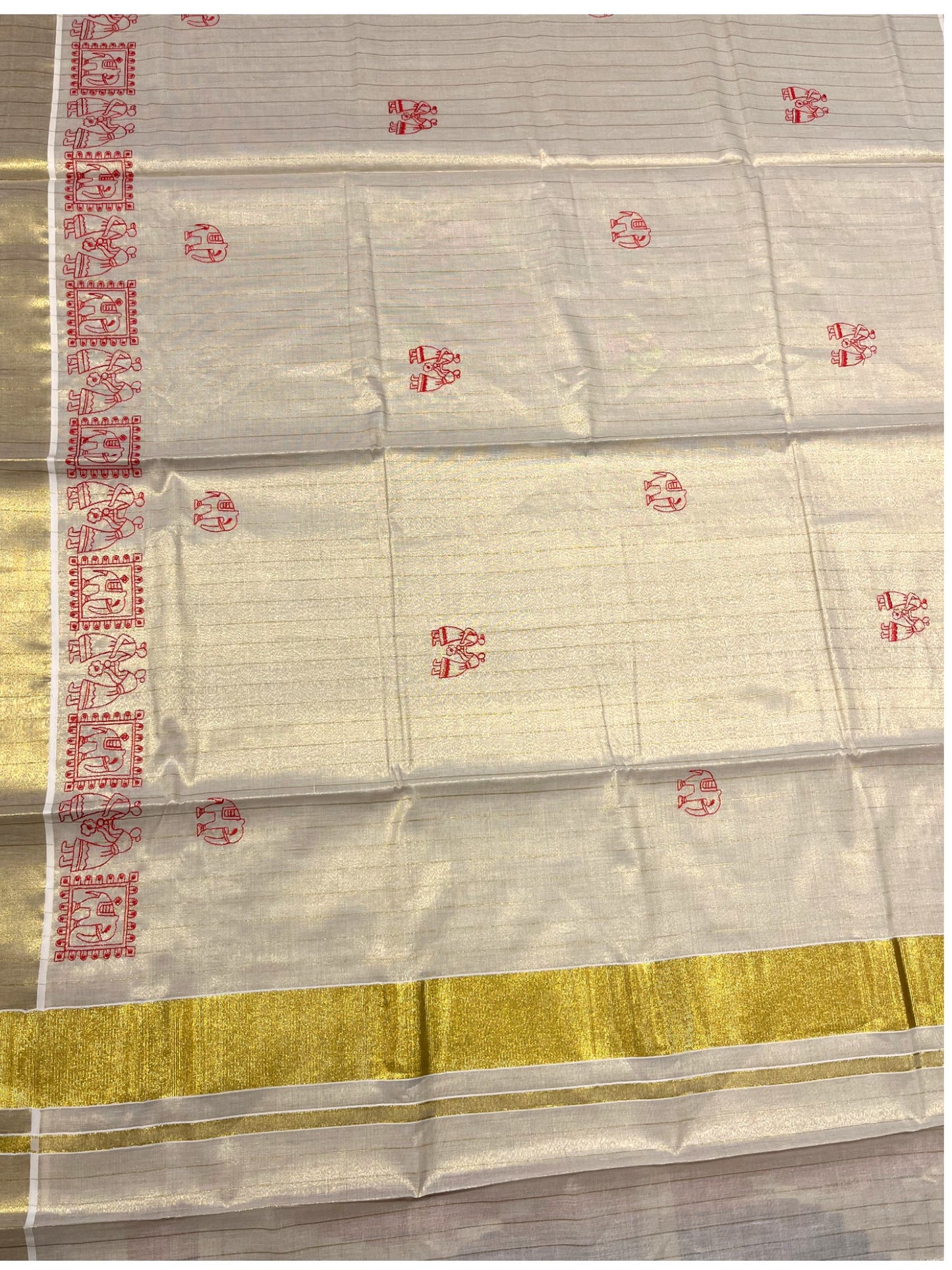 Southloom Tissue Check Kerala Kasavu Saree with Embroidery Design