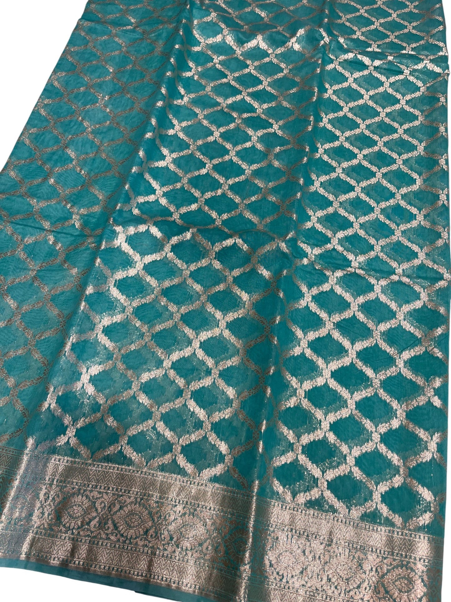 Southloom Cotton Banarasi Silk Saree with Woven Work on Body and Borders (Turquoise)