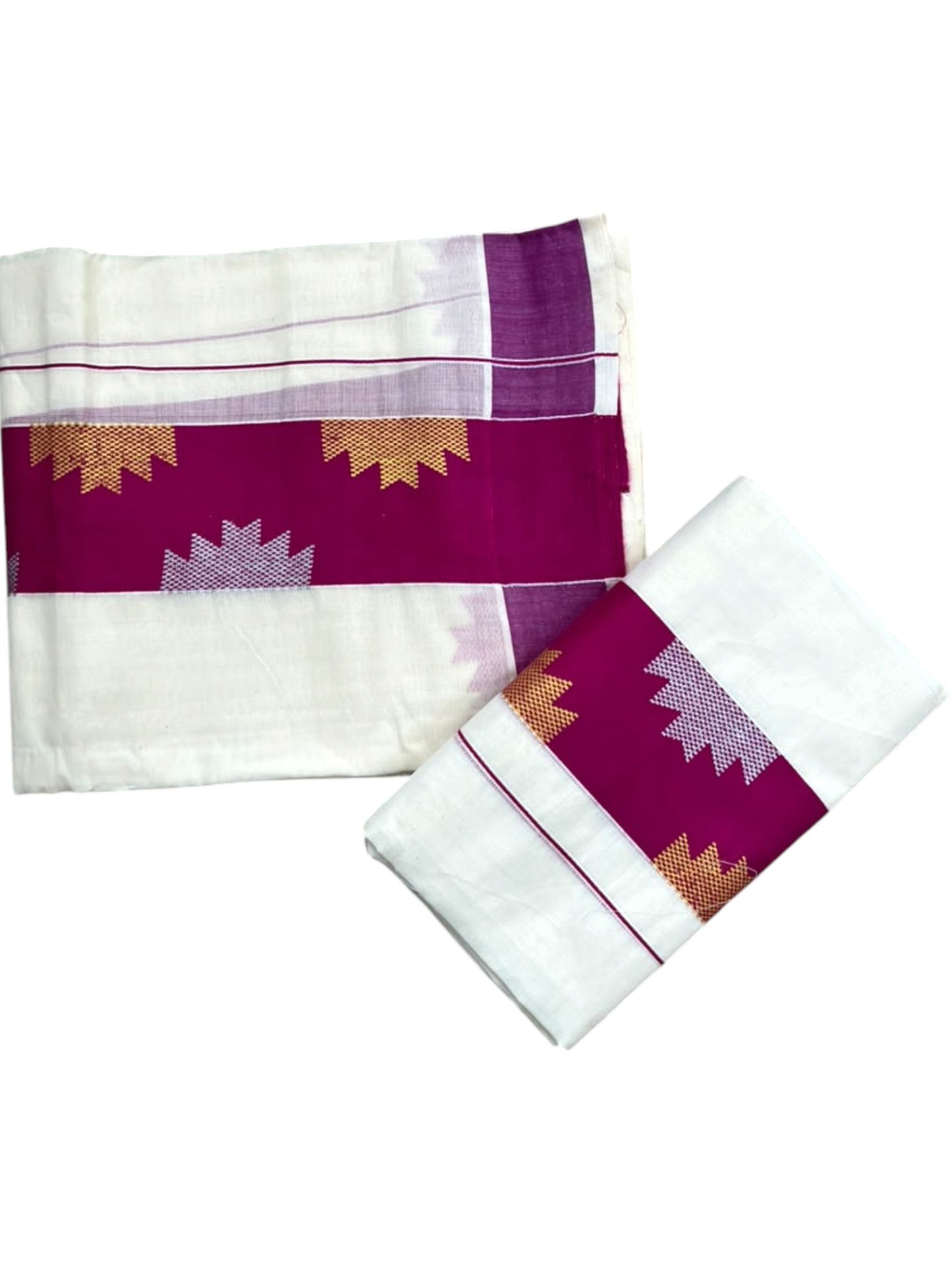 Southloom Pure Cotton Single Set Mundu (Mundum Neriyathum) Temple Design & Magenta Border