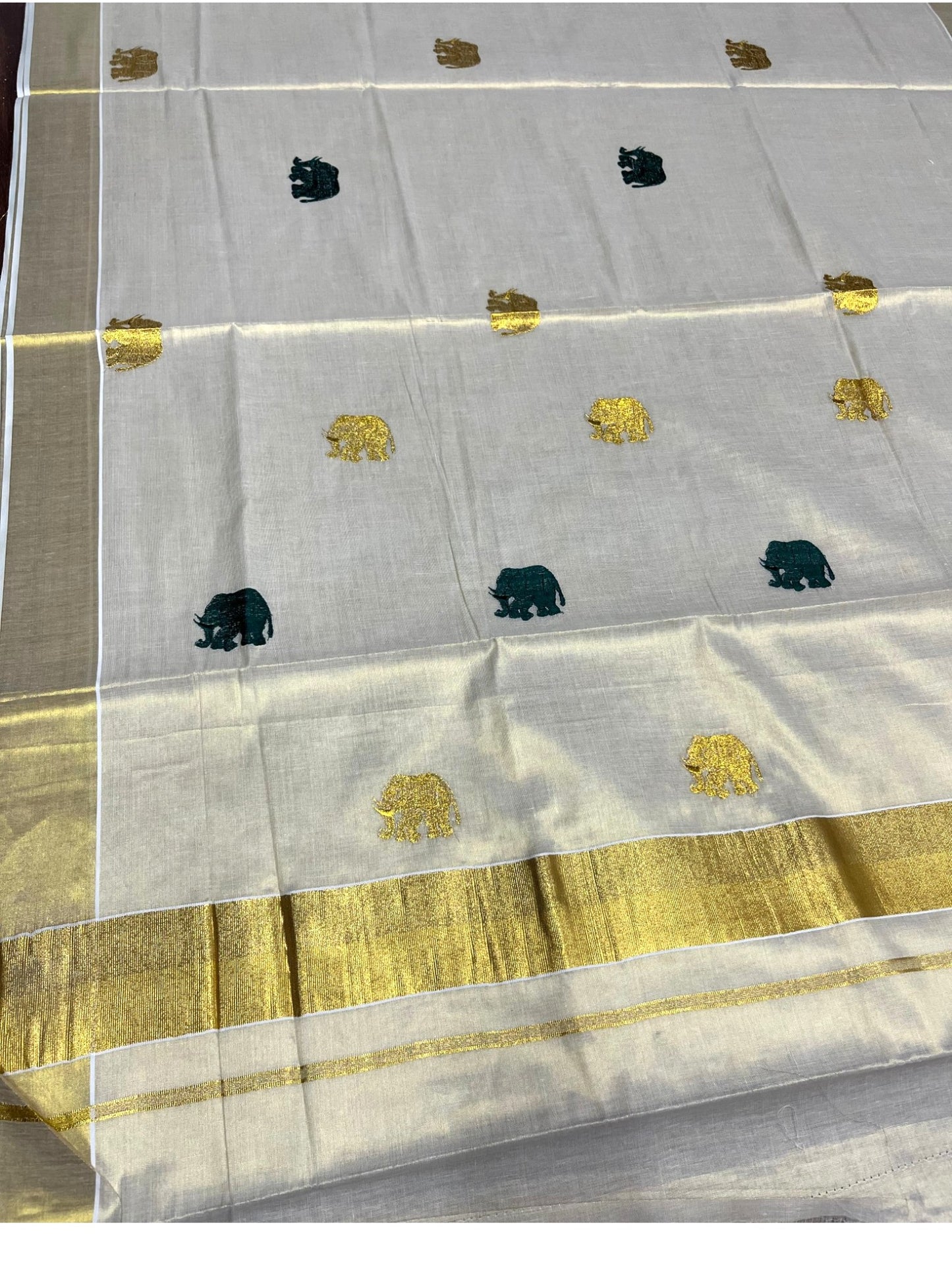 Southloom Kerala Tissue Kasavu Plain Saree with Gold & Green Elephant  Embroidery Work