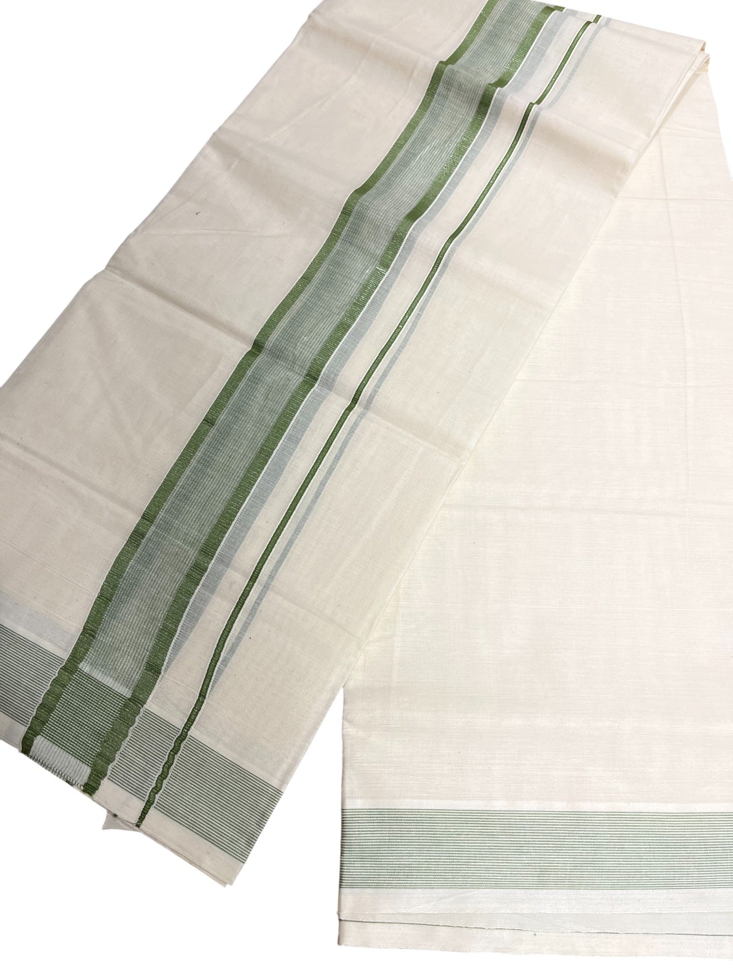 Southloom Kerala Pure Cotton Double Mundu with Silver Lines & Green Border (South Indian Dhoti)