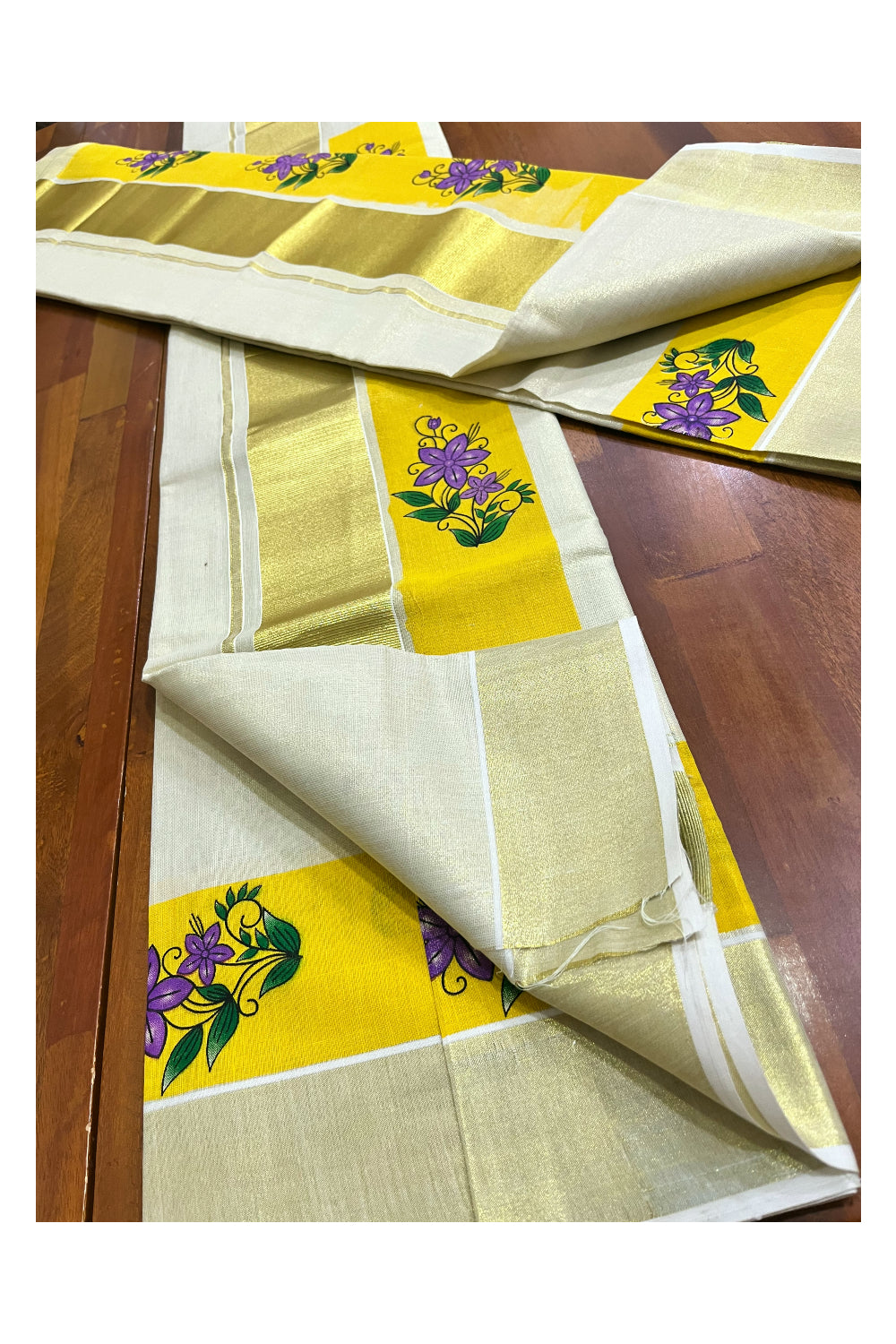 Kerala Tissue Single Set Mundu (Mundum Neriyathum) with Violet Floral Block Prints in Yellow Border 2.80 Mtrs (Onam 2024 Collection)