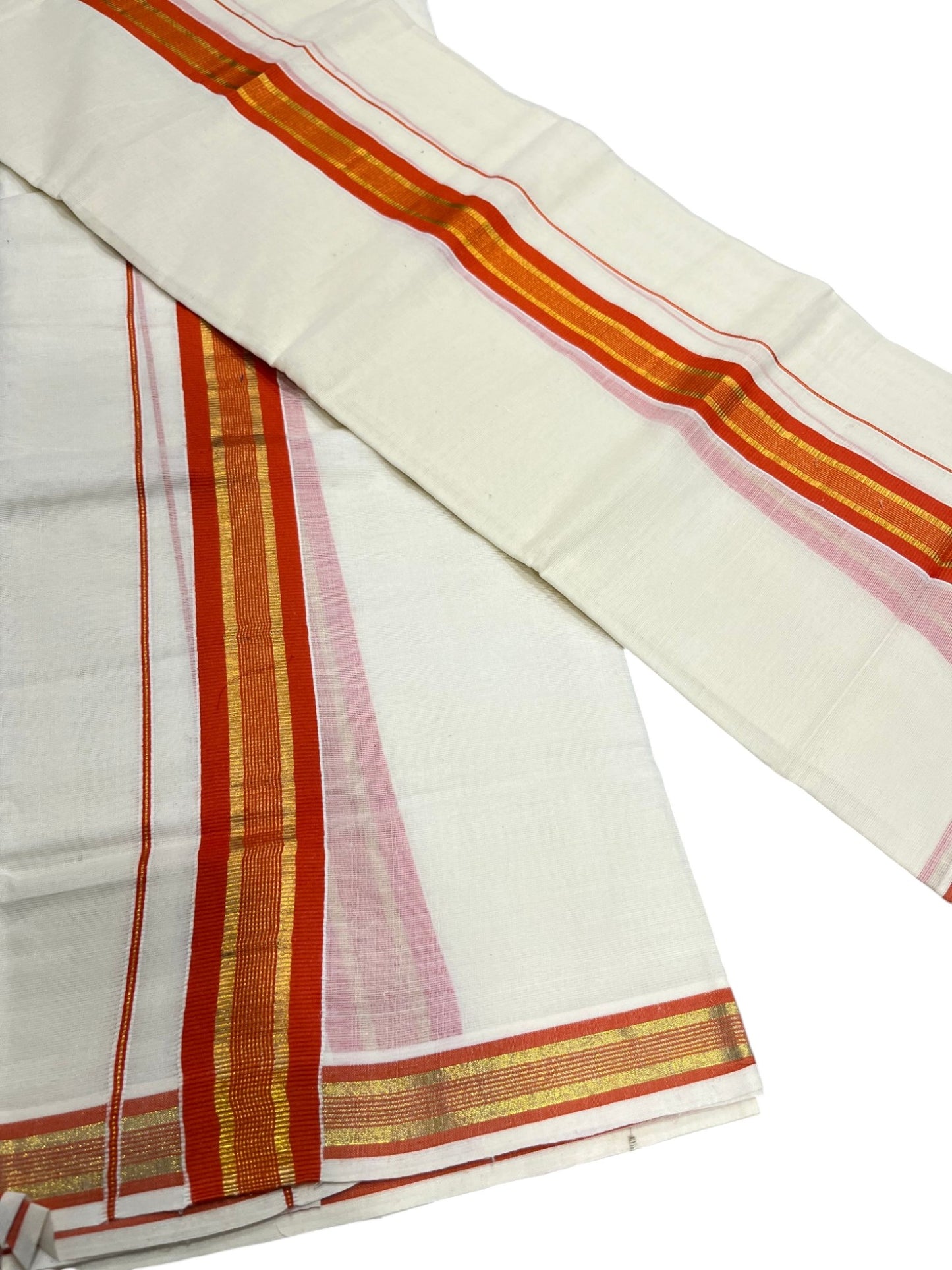 Southloom Kerala Cotton Set Mundu (Mundum Neriyathum) with Kasavu and Orange Border
