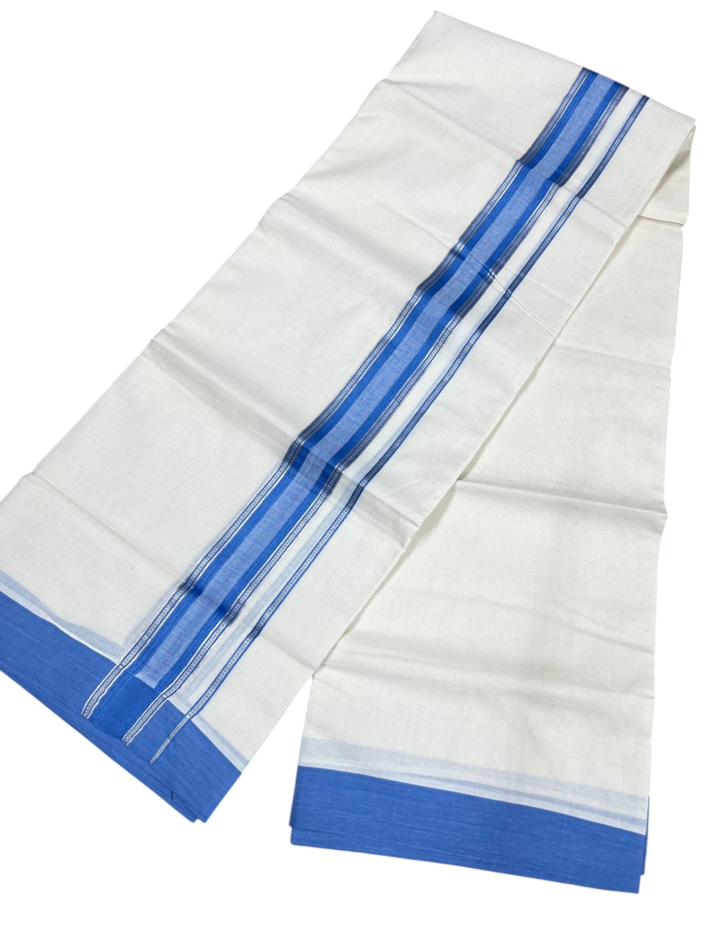 Southloom Kerala Pure Cotton Double Mundu with Silver Lines and Blue Border with (South Indian Dhoti)