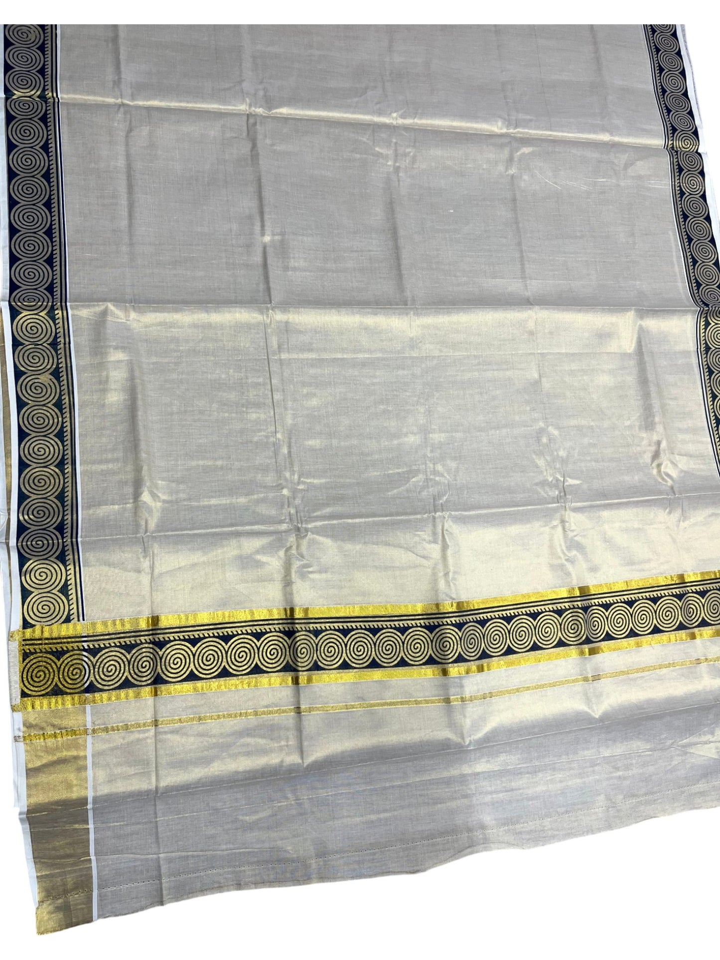 Southloom Kerala Tissue Kasavu Plain Saree Blue Hand Printed SL350