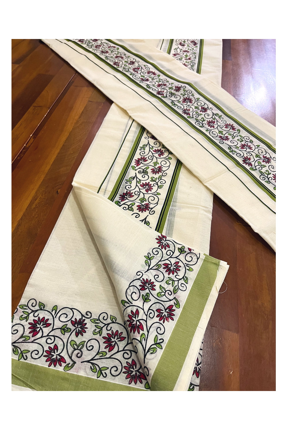 Kerala Cotton Set Mundu Single (Mundum Neriyathum) with Light Green Floral Block Printed Border