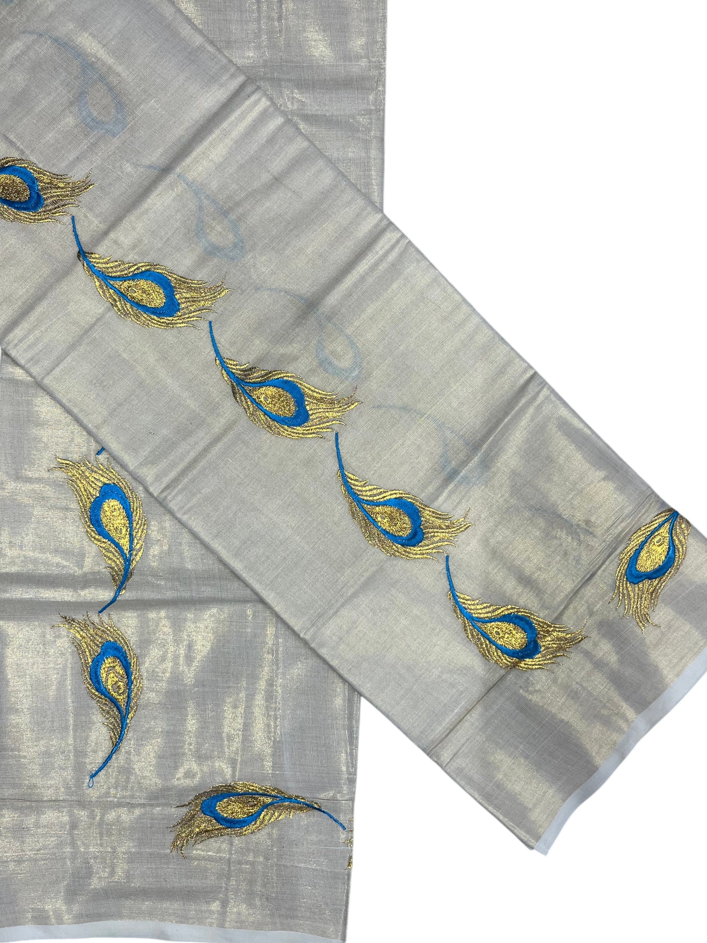 Southloom Kerala Tissue Kasavu Single Set Mundu (Mundum Neriyathum) Blue and Golden Feather Embroidery Work