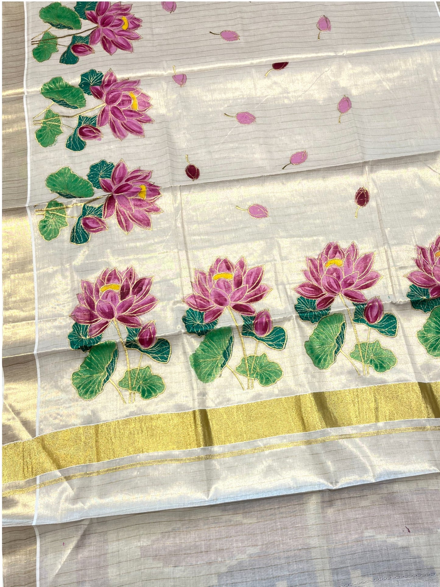 Southloom Tissue Kerala Kasavu Saree with Hand Painted Embroidery Lotus Design