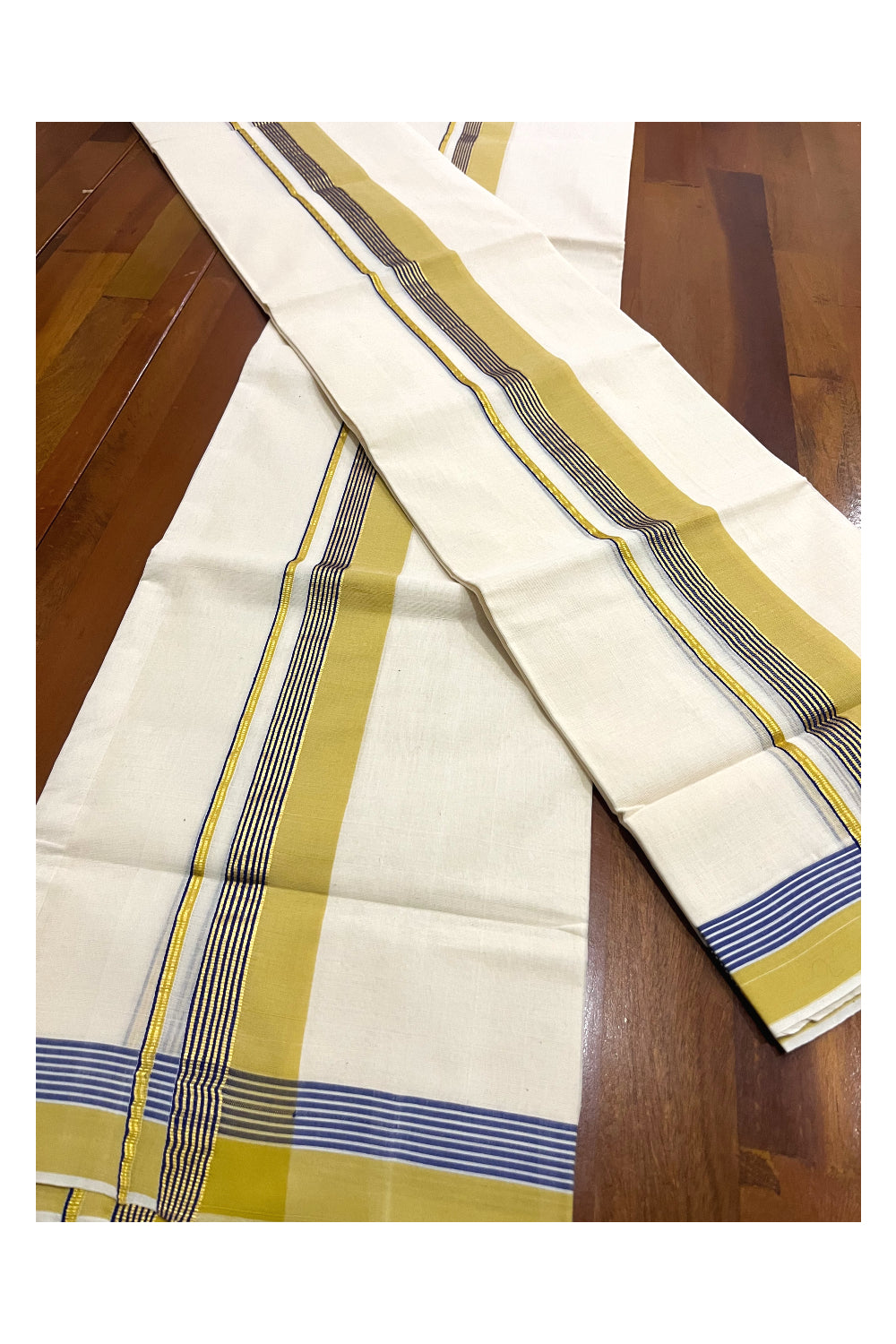 Southloom Premium Handloom Single Set Mundu (Mundum Neriyathum) with Yellow Blue and Kasavu Border 2.70 Mtrs