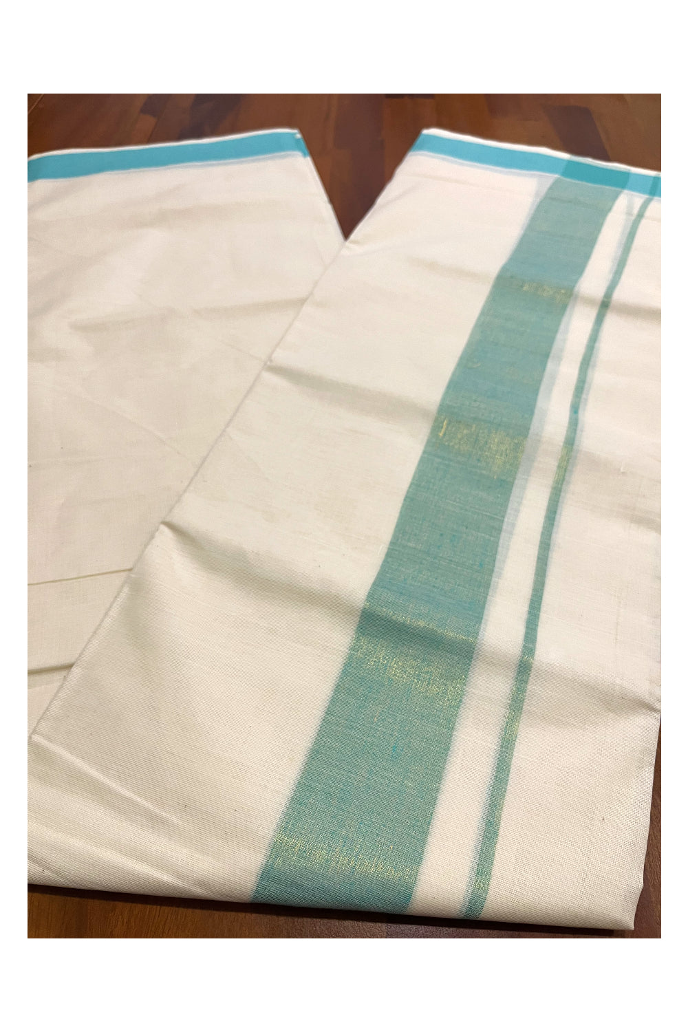 Pure Cotton Kerala Double Mundu with Turquoise Kasavu Kara (South Indian Kerala Dhoti)