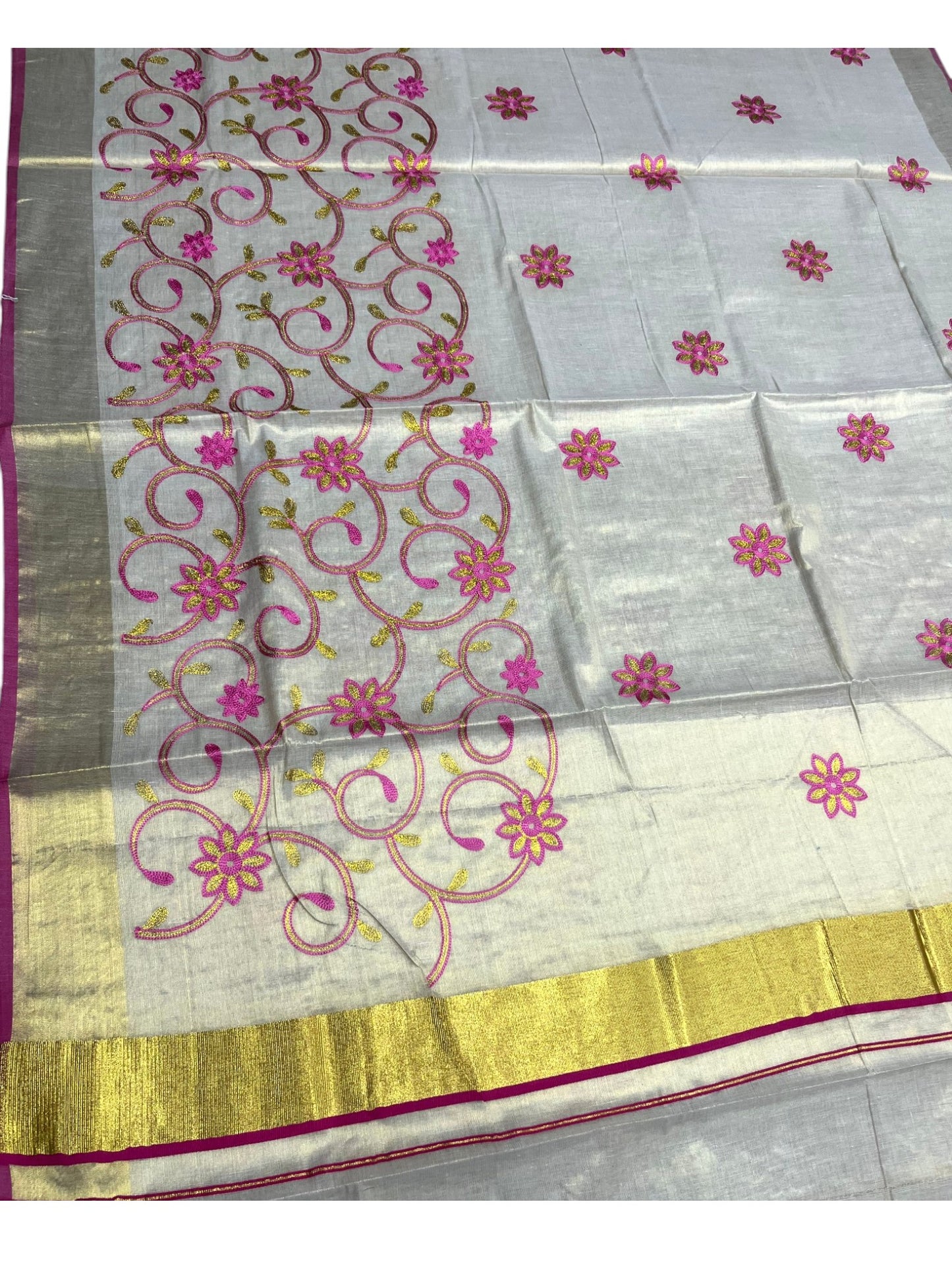 Southloom Kerala Tissue Kasavu Saree With Pink and Golden Floral Embroidery Works