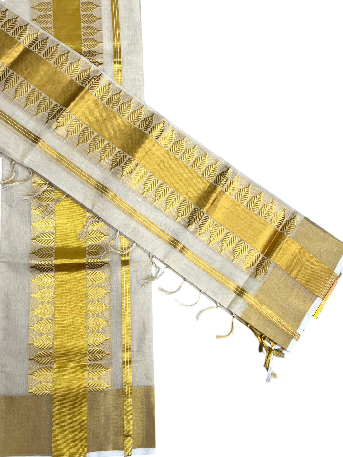 Southloom Premium Tissue Handloom Set Mundu with Leaf Design Kasavu Border (2.80 Mtr) SL632