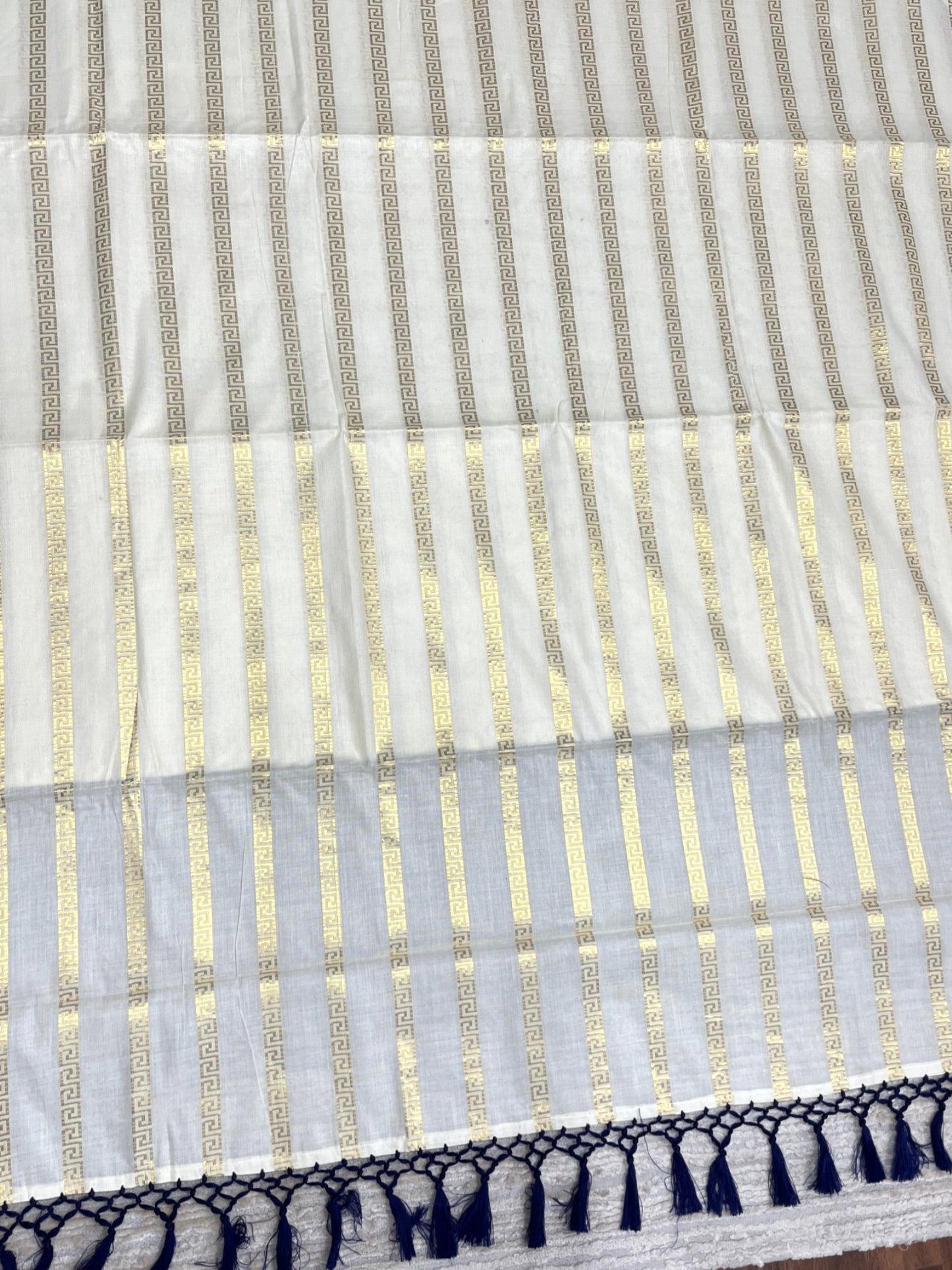 Southloom Cotton Kerala Kasavu Saree with Stripes on Body and Blue Tussels