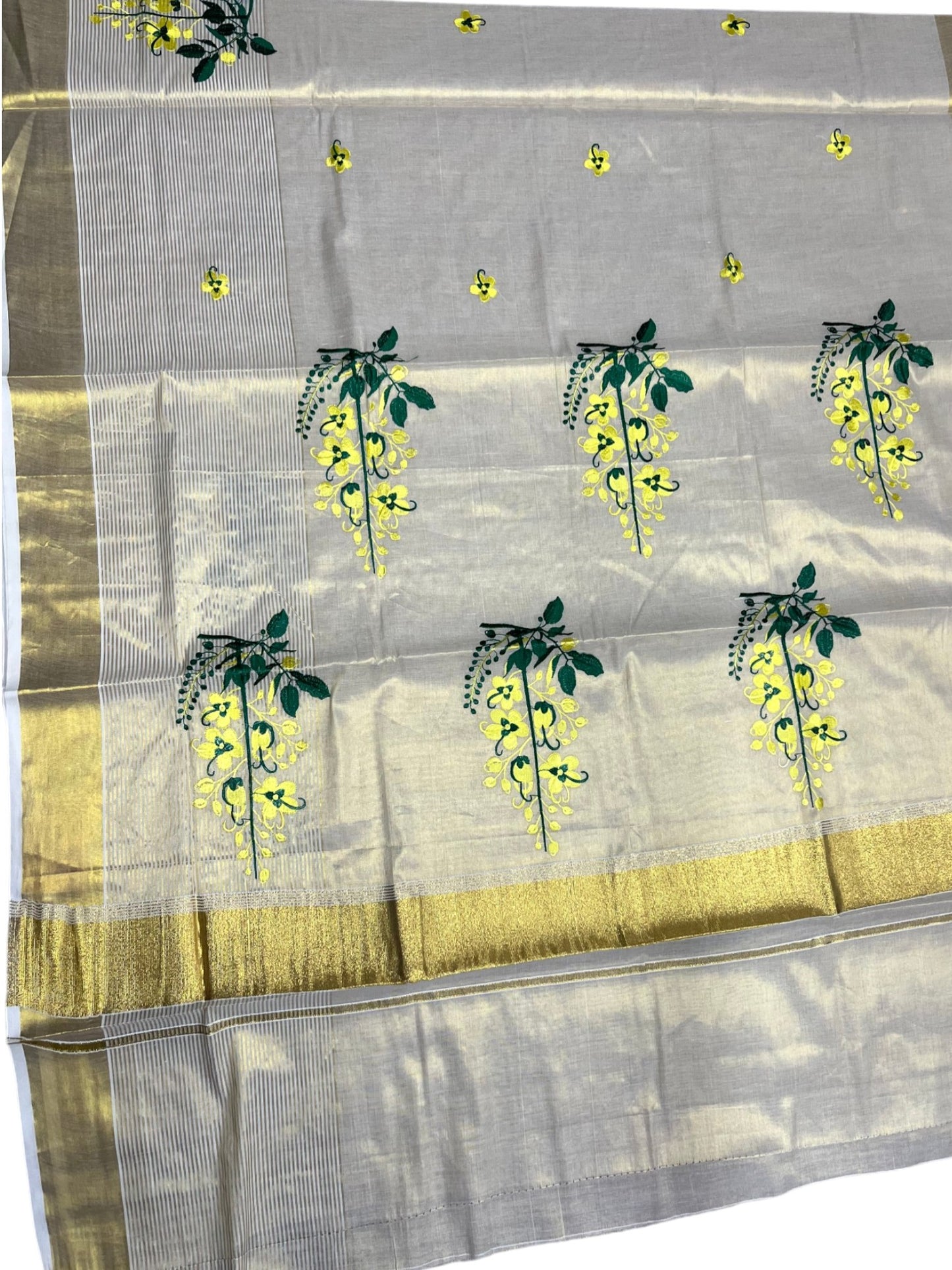 Southloom Tissue Kerala Kasavu Saree with Kanikonna Embroidery Work on Body
