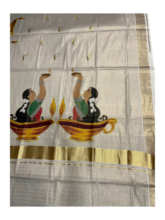 Southloom Kerala Tissue Kasavu Line Saree with Hand Painted &Embroidery Design