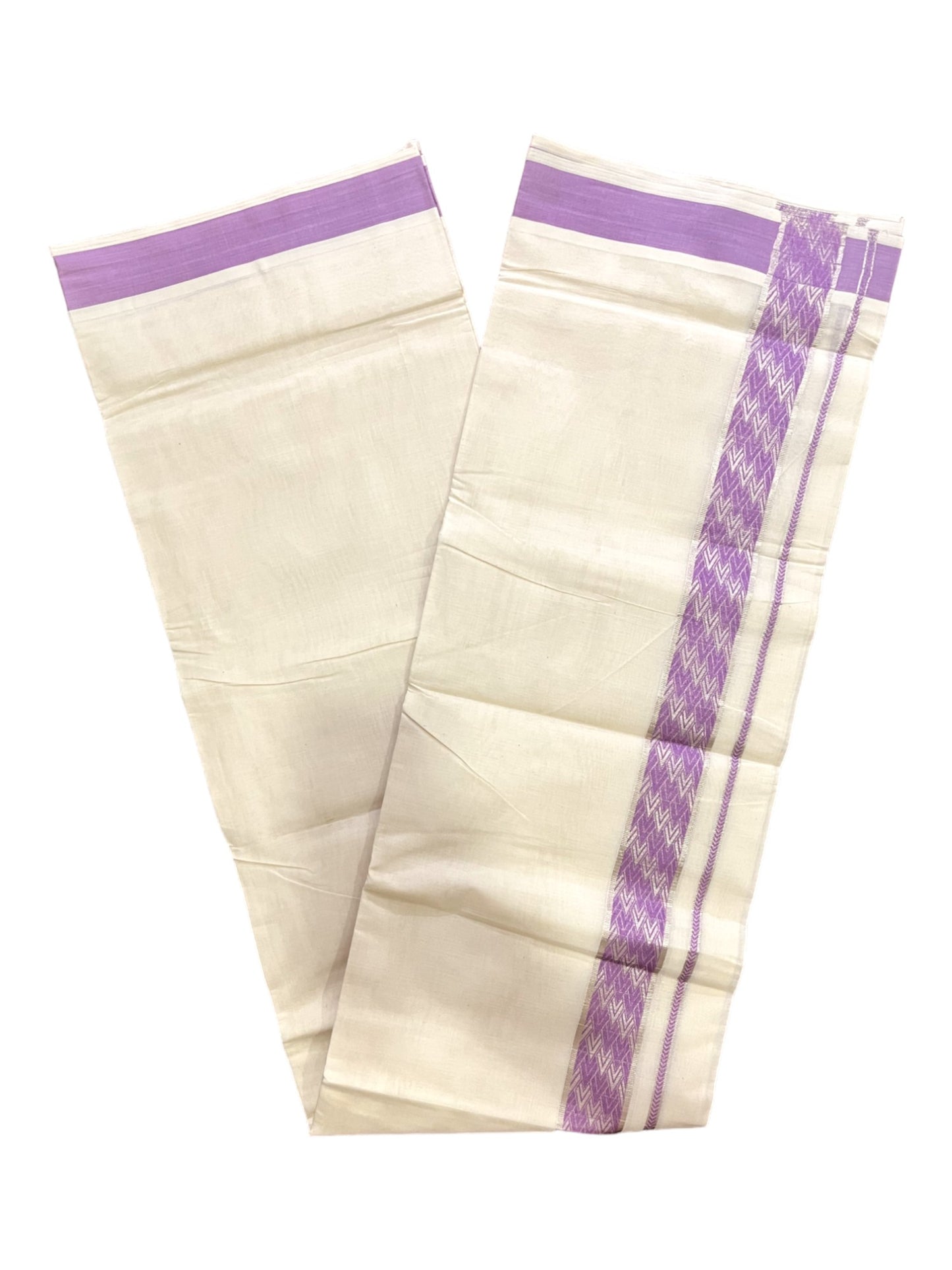 Kerala Pure Cotton Double Mundu with Silver Kasavu and Violet Woven Border (Vishu 2024 Collection)
