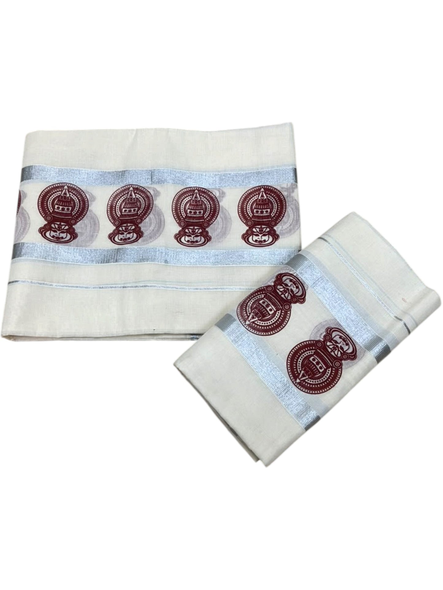 Southloom Pure Cotton Kerala Single Set Mundu (Mundum Neriyathum) with Maroon Printed And Silver Border 2.80 Mtrs
