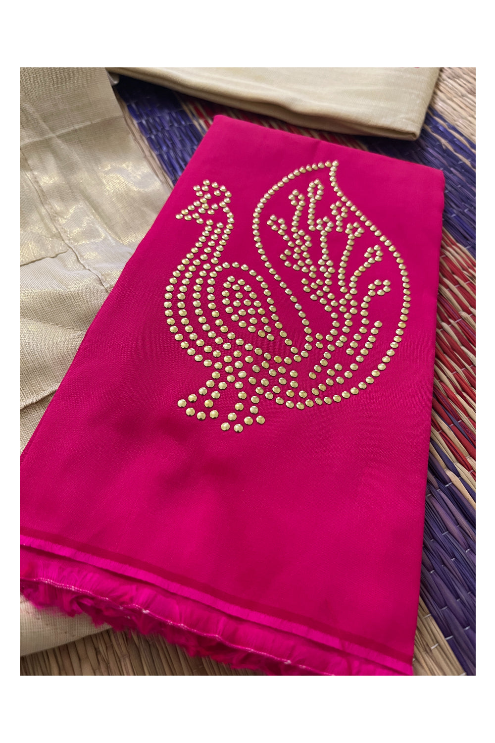 Semi Stitched Dhavani Set with Tissue Block Print Design Pavada and Magenta Bead Work Blouse Piece