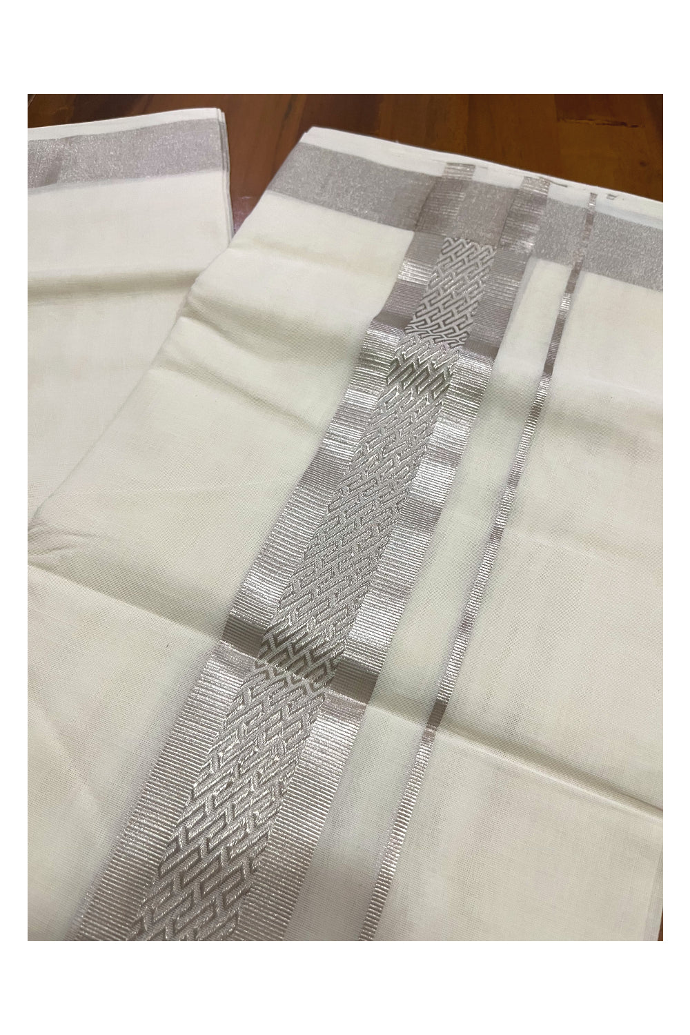 Southloom Premium Handloom Pure Cotton Mundu with Silver Kasavu Woven Border (Onam Mundu 2023)