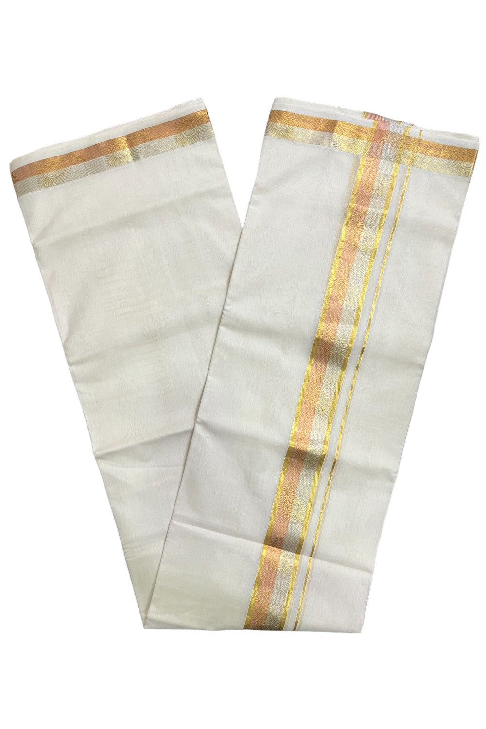 Southloom Premium Balaramapuram Unakkupaavu Handloom Mundu with Copper and Silver Kasavu Design Border (South Indian Kerala Dhoti)