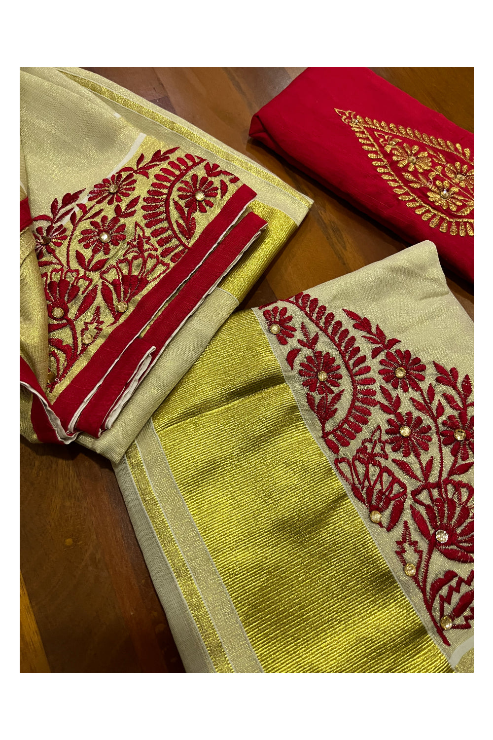 Kerala Tissue Kasavu Set Mundu (Mundum Neriyathum) with Handwork Embroidery Design and Red Blouse Piece