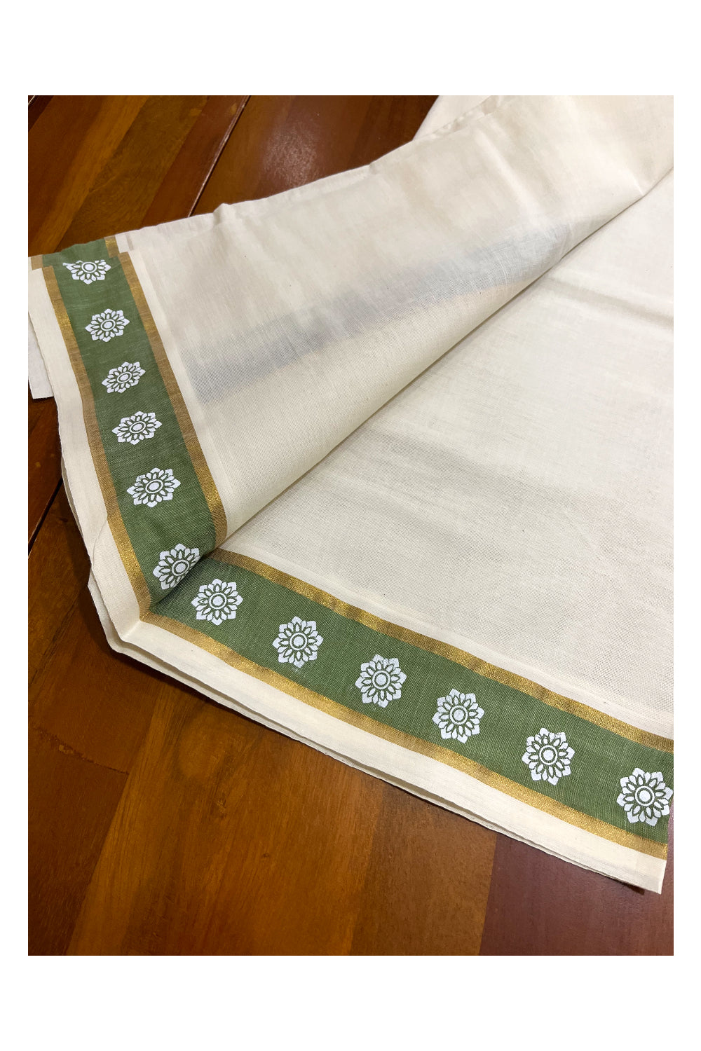 Kerala Cotton Single Set Mundu (Mundum Neriyathum) with Floral Block Prints on Light Green and Kasavu Border - 2.60Mtrs