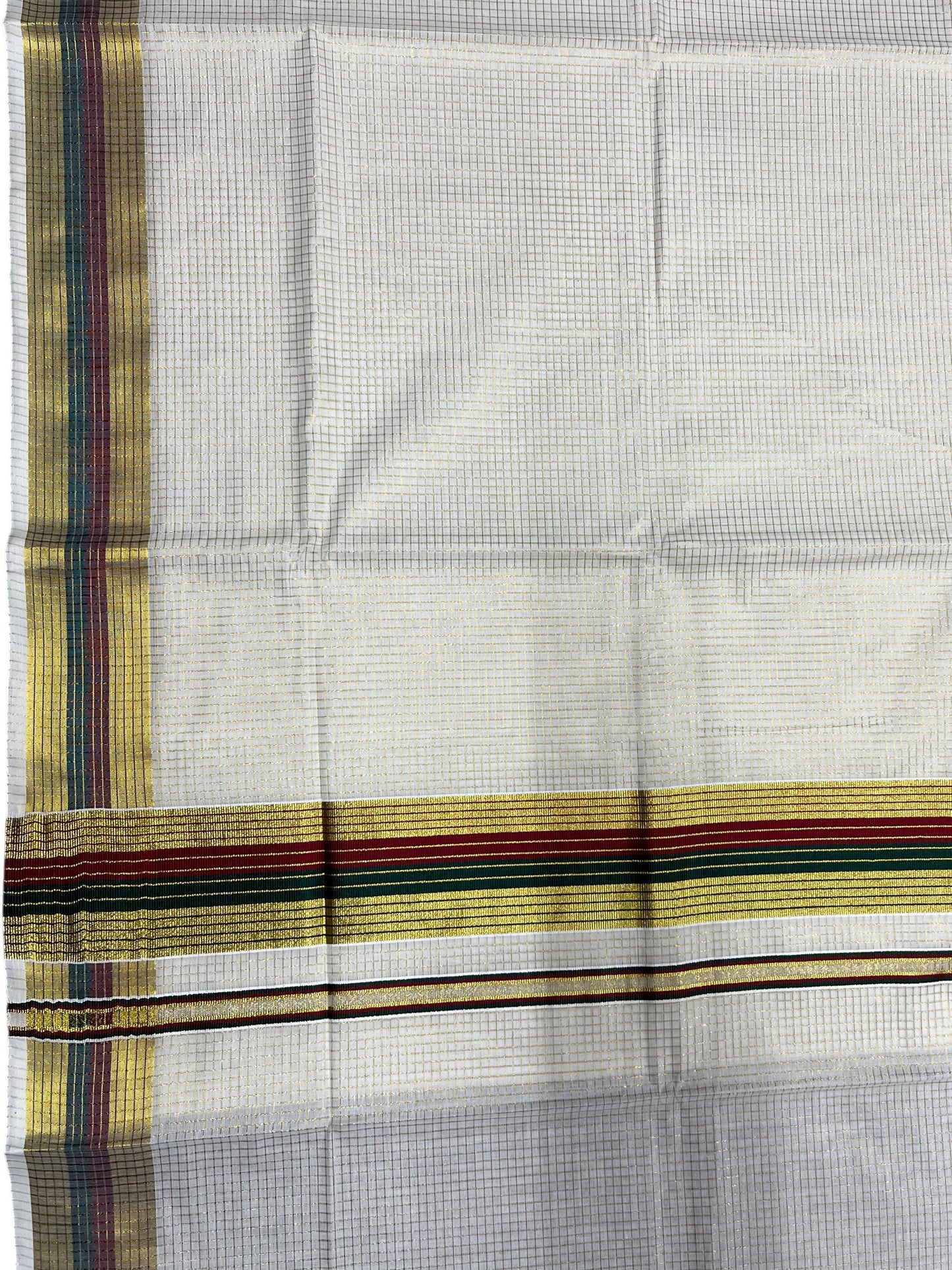 Southloom Kerala Cotton Kasavu Saree with Micro Check Design on Body in Maroon & Green Border