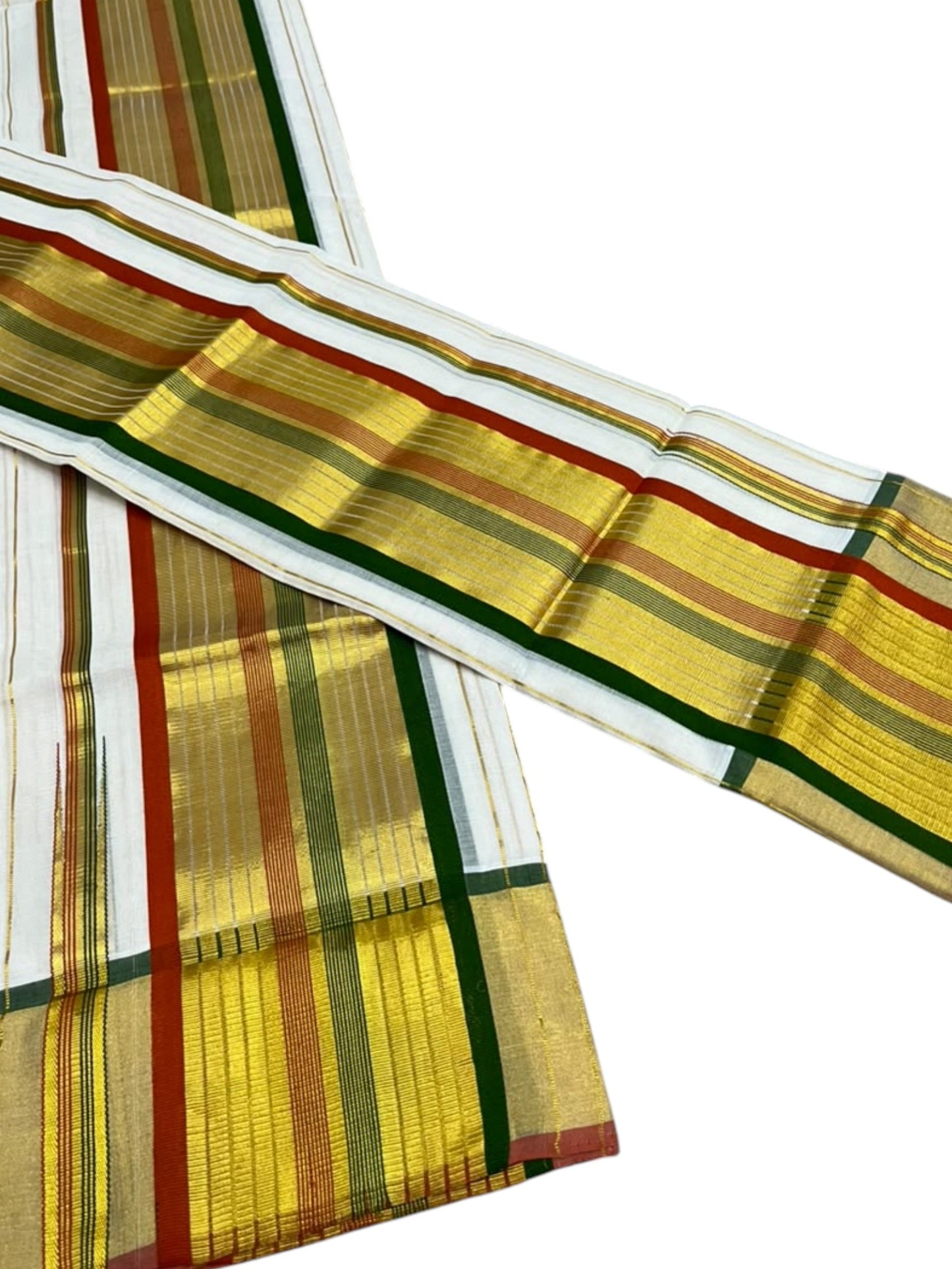 Southloom Premium Handloom Stripes Set Mundu with Maroon & Green Border and Kasavu Lines Across Body 2.80 Mtrs SL632