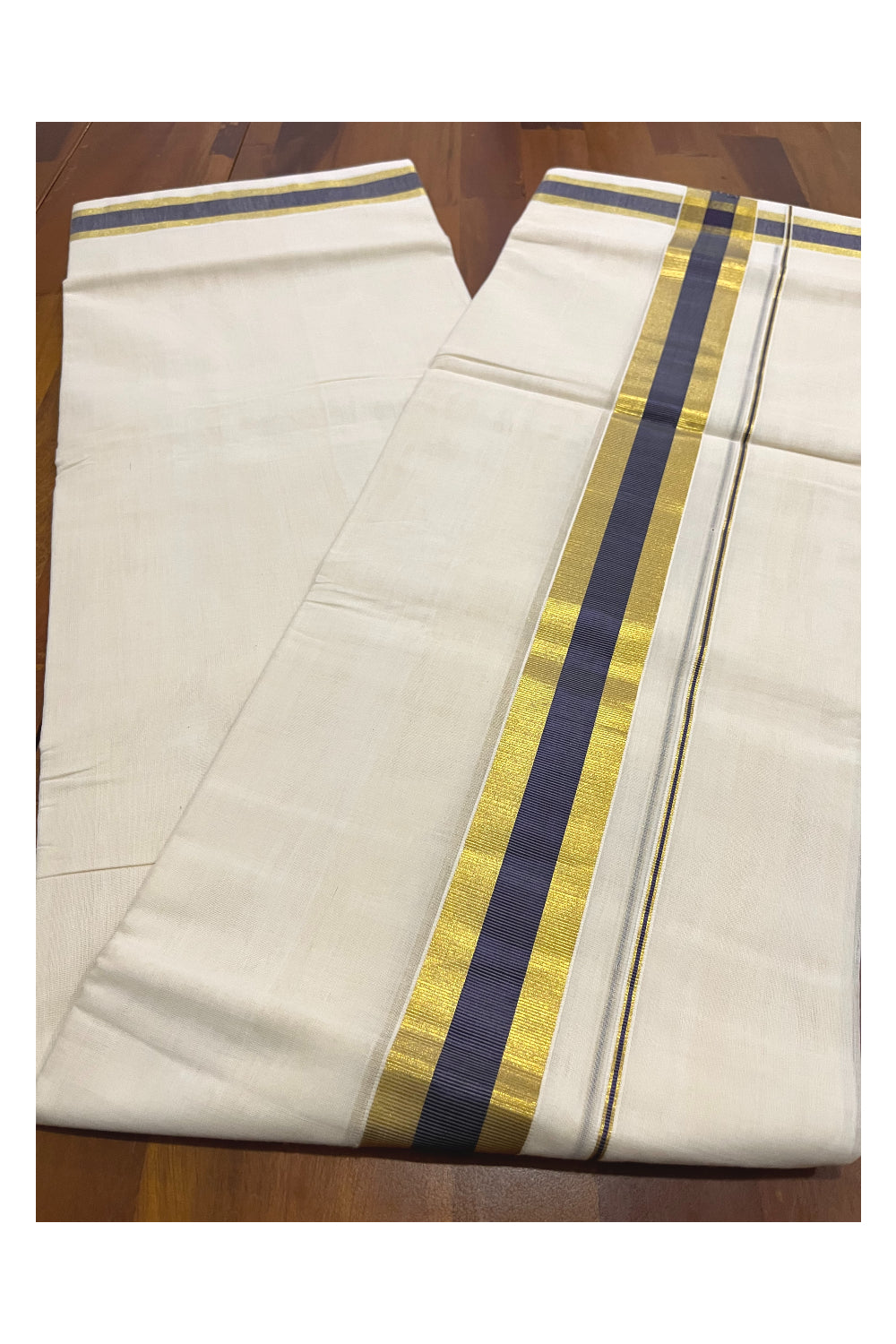 Southloom Premium Handloom Pure Cotton Mundu with Golden and Dark Blue Kasavu Border (South Indian Kerala Dhoti)