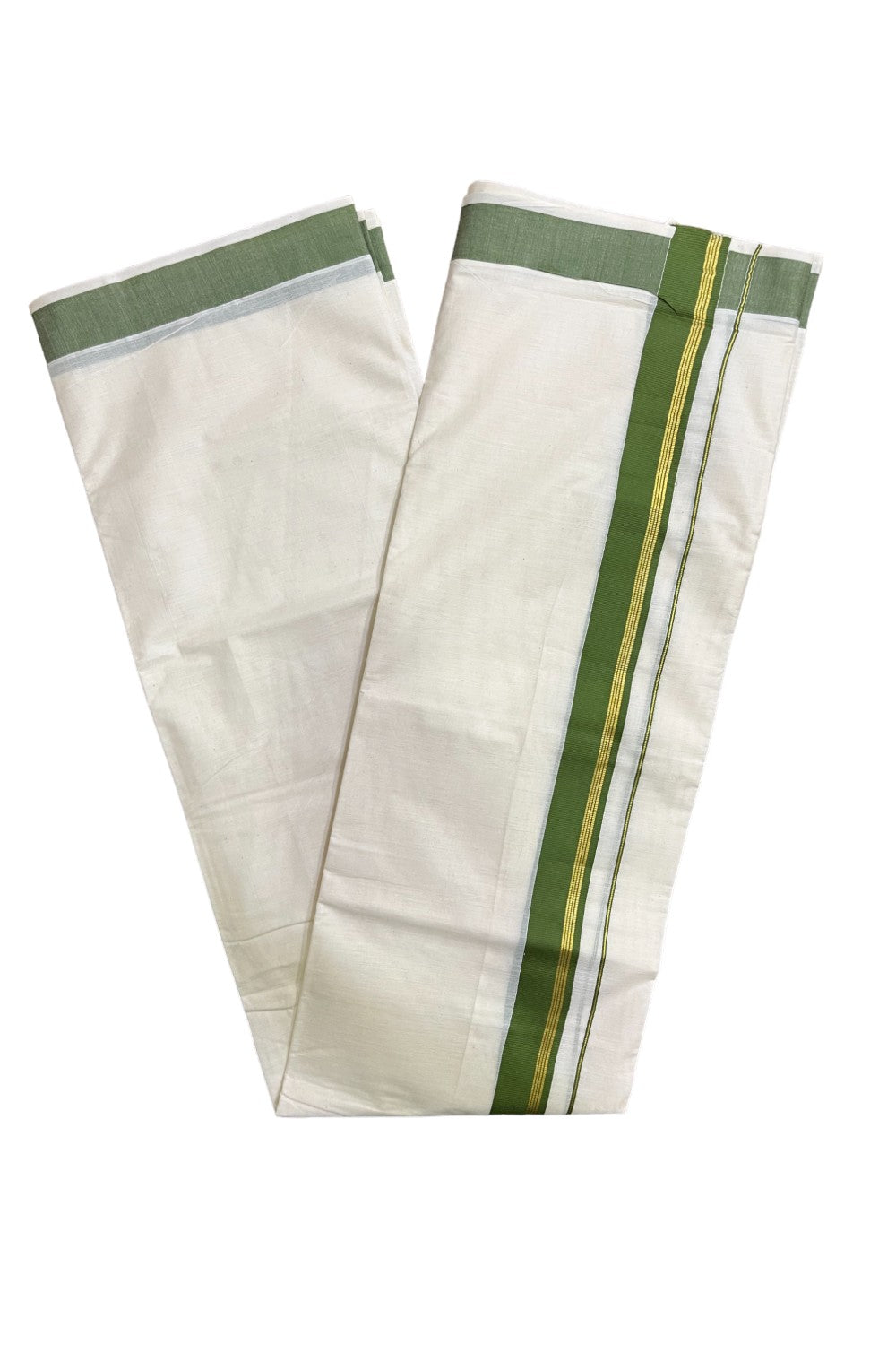Kerala Pure Cotton Double Mundu with Olive Green and Kasavu Border (South Indian Kerala Dhoti)