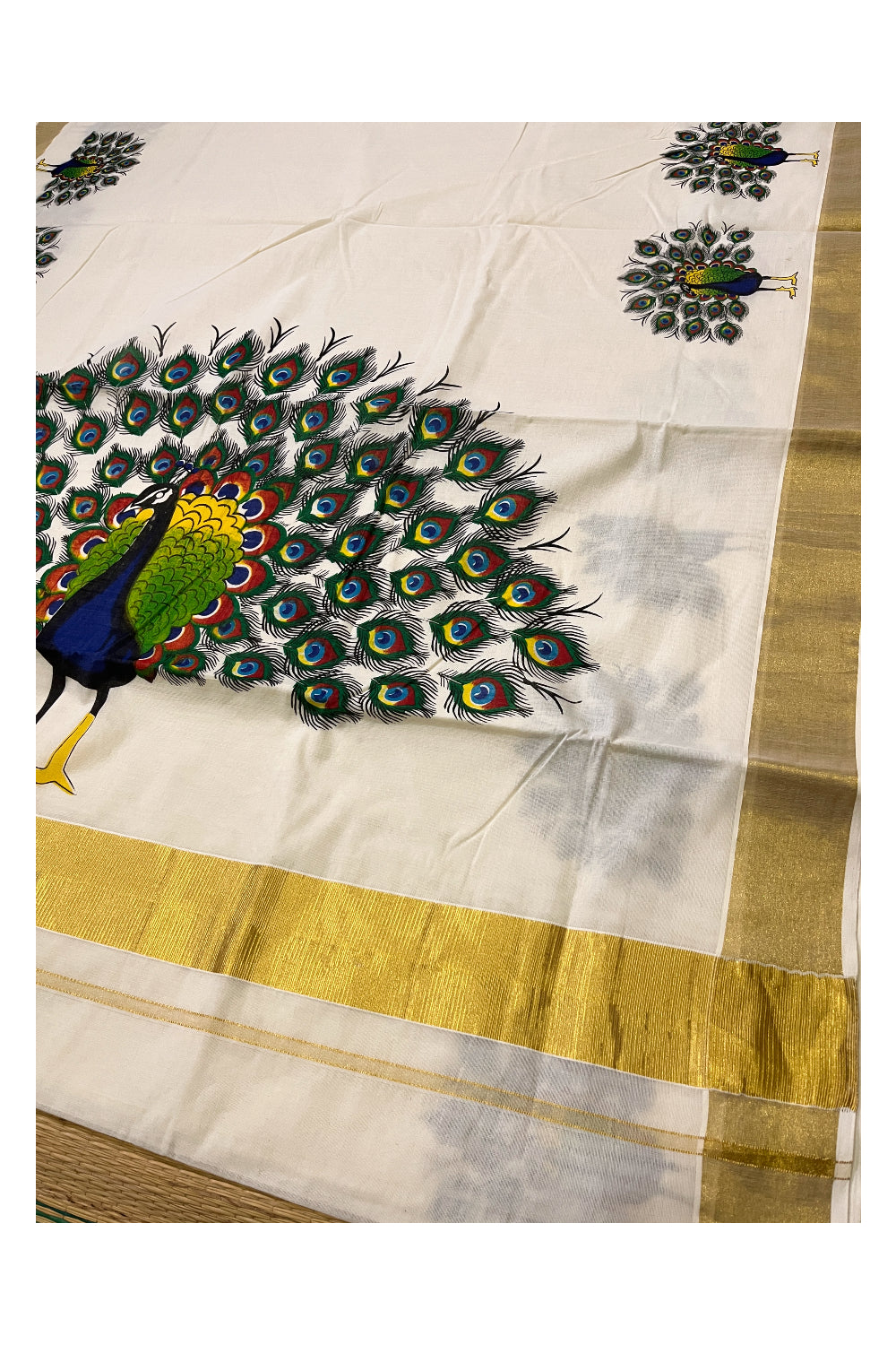 Pure Cotton Kerala Kasavu Saree with Mural Printed Peacock Design