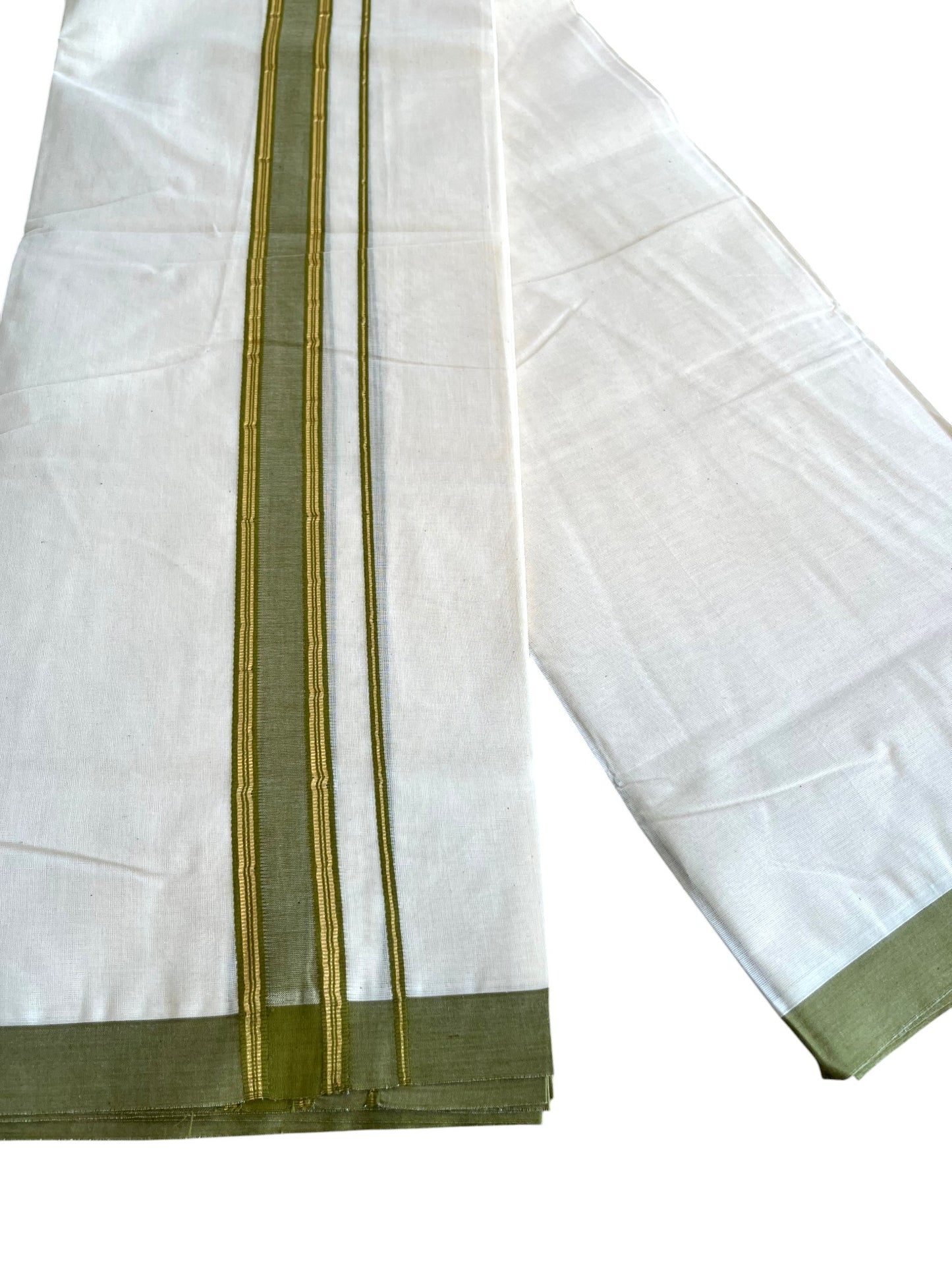 Southloom Pure Cotton Mundu with Golden Lines and Olive Green Border (South Indian Kerala Dhoti)