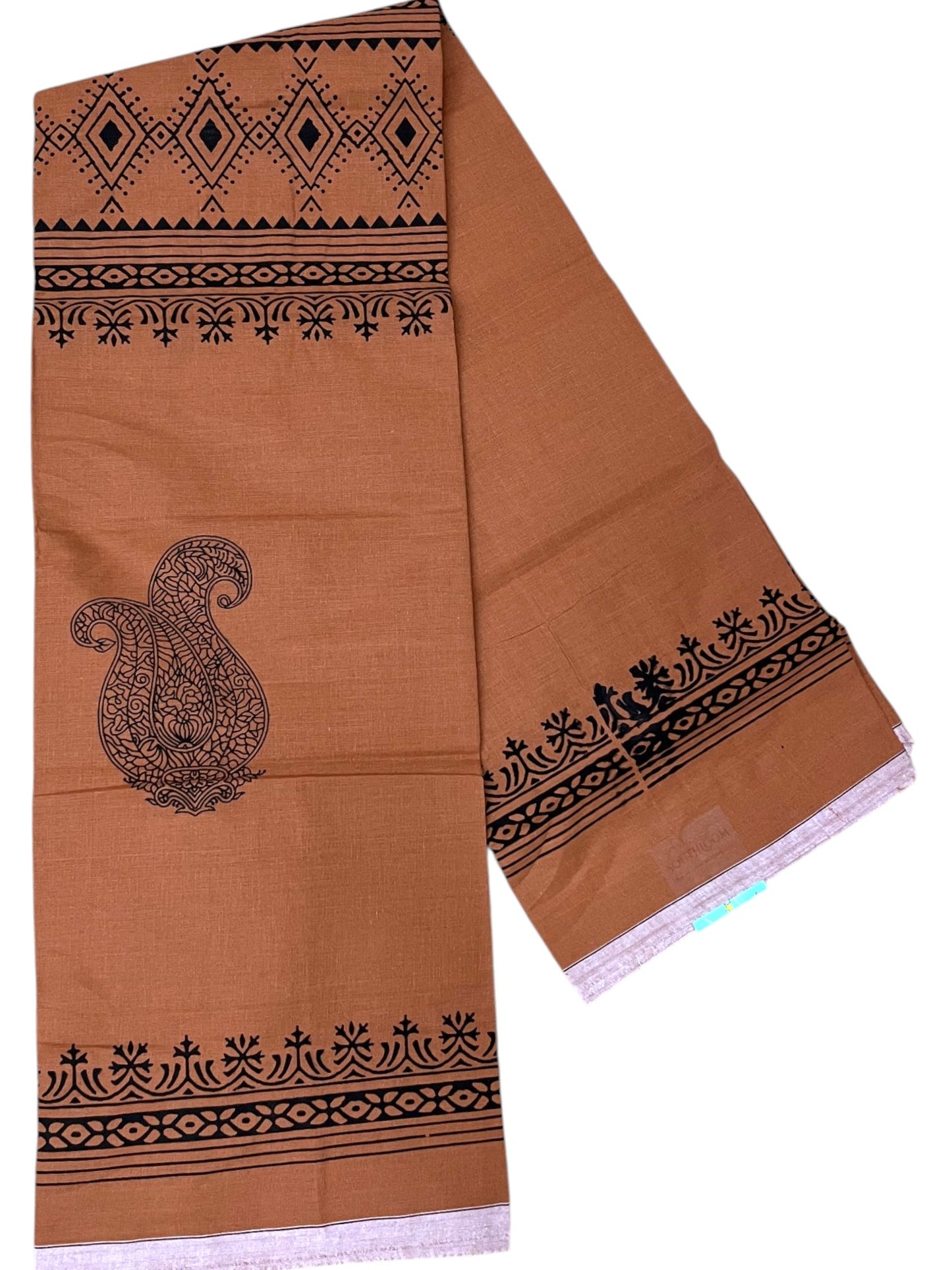 Southloom Saffron (Kaavi) Black Printed Single Mundu / Lungi (South Indian Kerala Dhoti) SL319