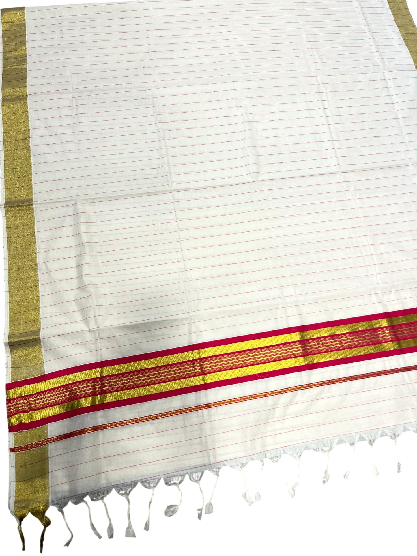 Southloom Kerala Cotton Kasavu Saree with Gold And Pink Lines on Body SL331