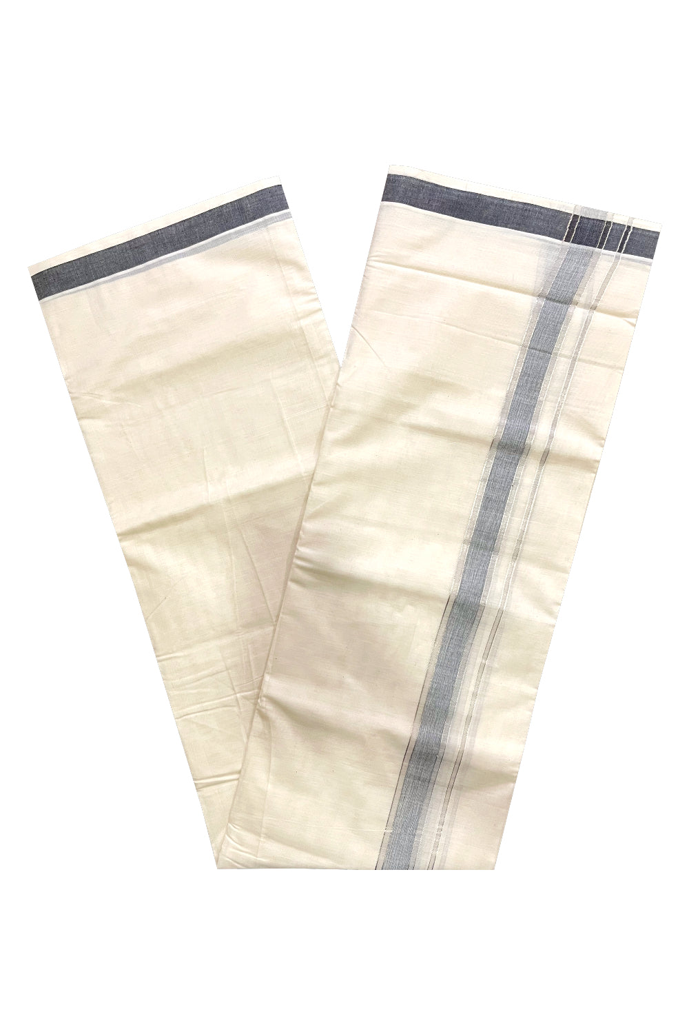 Pure Cotton Kerala Double Mundu with Silver Kasavu and Black Border (South Indian Kerala Dhoti)