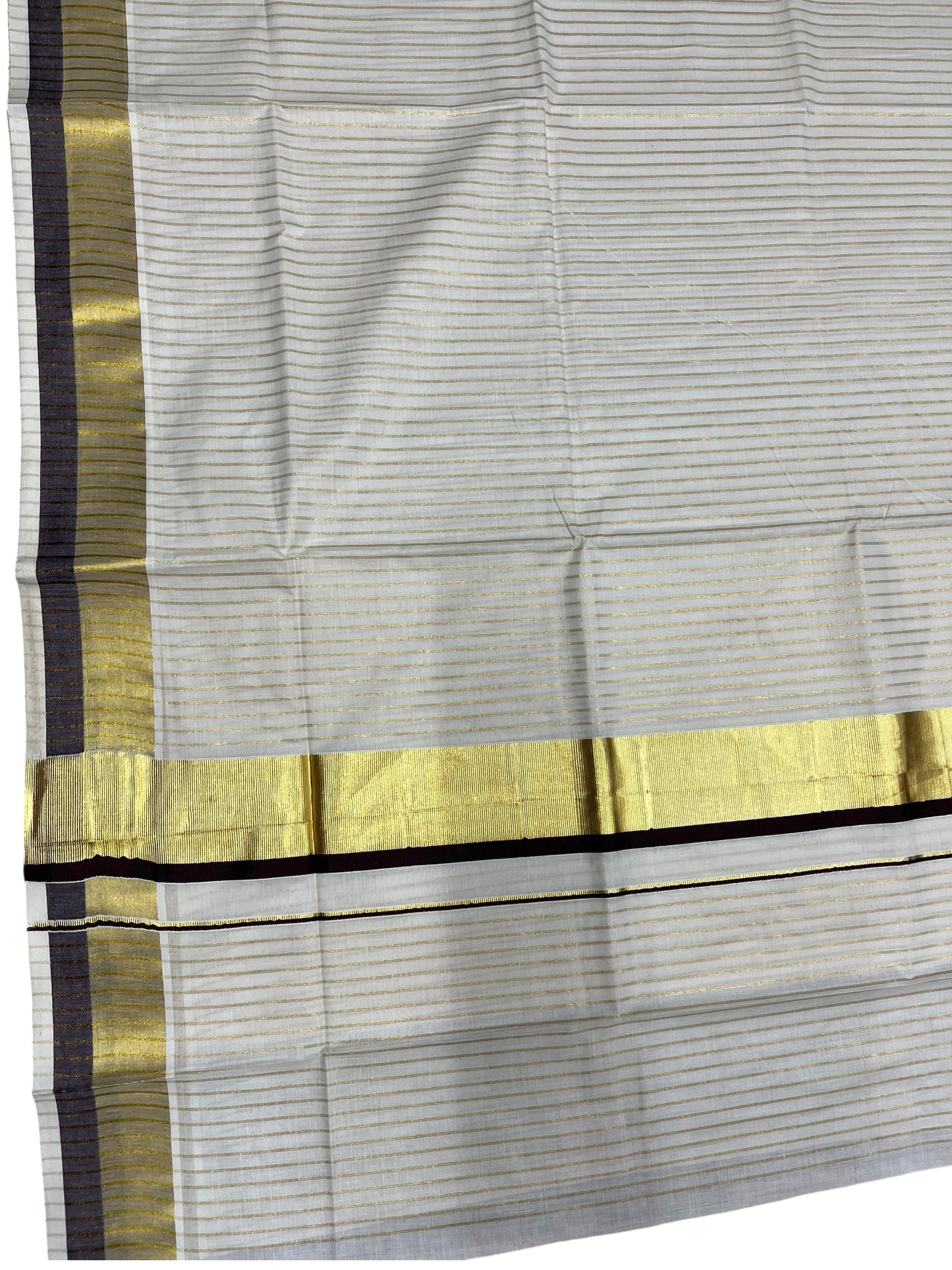Southloom Pure Cotton Kerala Saree with Gold Kasavu Lines Across Body and Brown Border